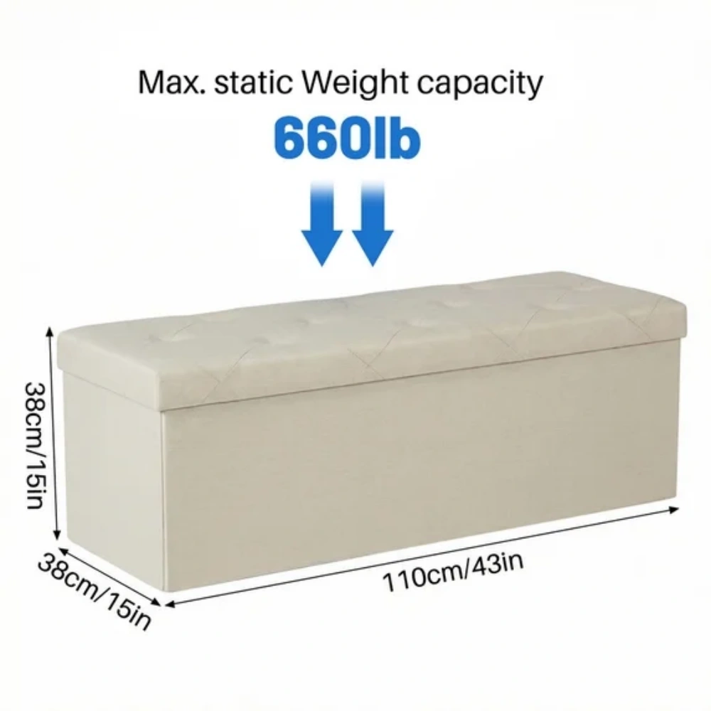 43 Inches Folding Storage Ottoman Bench, Storage Chest, Foot Rest Stool, Bedroom Bench with Storage, Beige (Shipment from Walmart) view 2