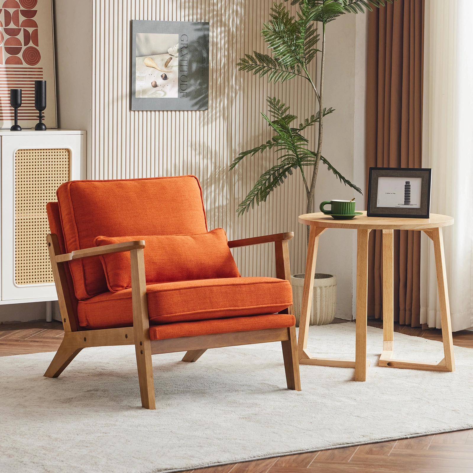 Mid-Century Modern Accent Chair with Wooden Frame - Oak Armrest, Linen-Cotton Burnt Orange Upholstery, Single Seater Lounge Chair for Living Room (Weight Capacity 330LBS) view 10
