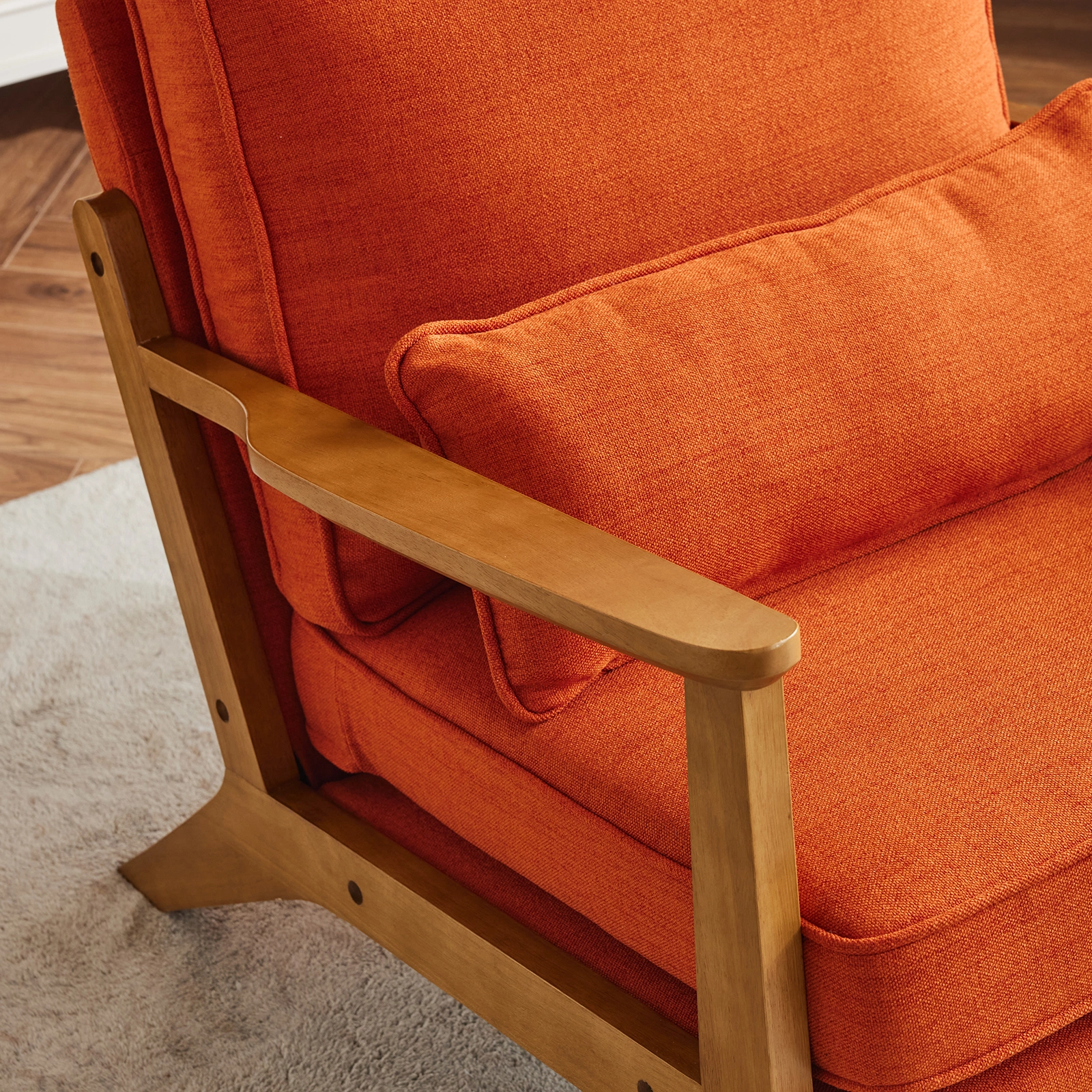 Mid-Century Modern Accent Chair with Wooden Frame - Oak Armrest, Linen-Cotton Burnt Orange Upholstery, Single Seater Lounge Chair for Living Room (Weight Capacity 330LBS) view 11
