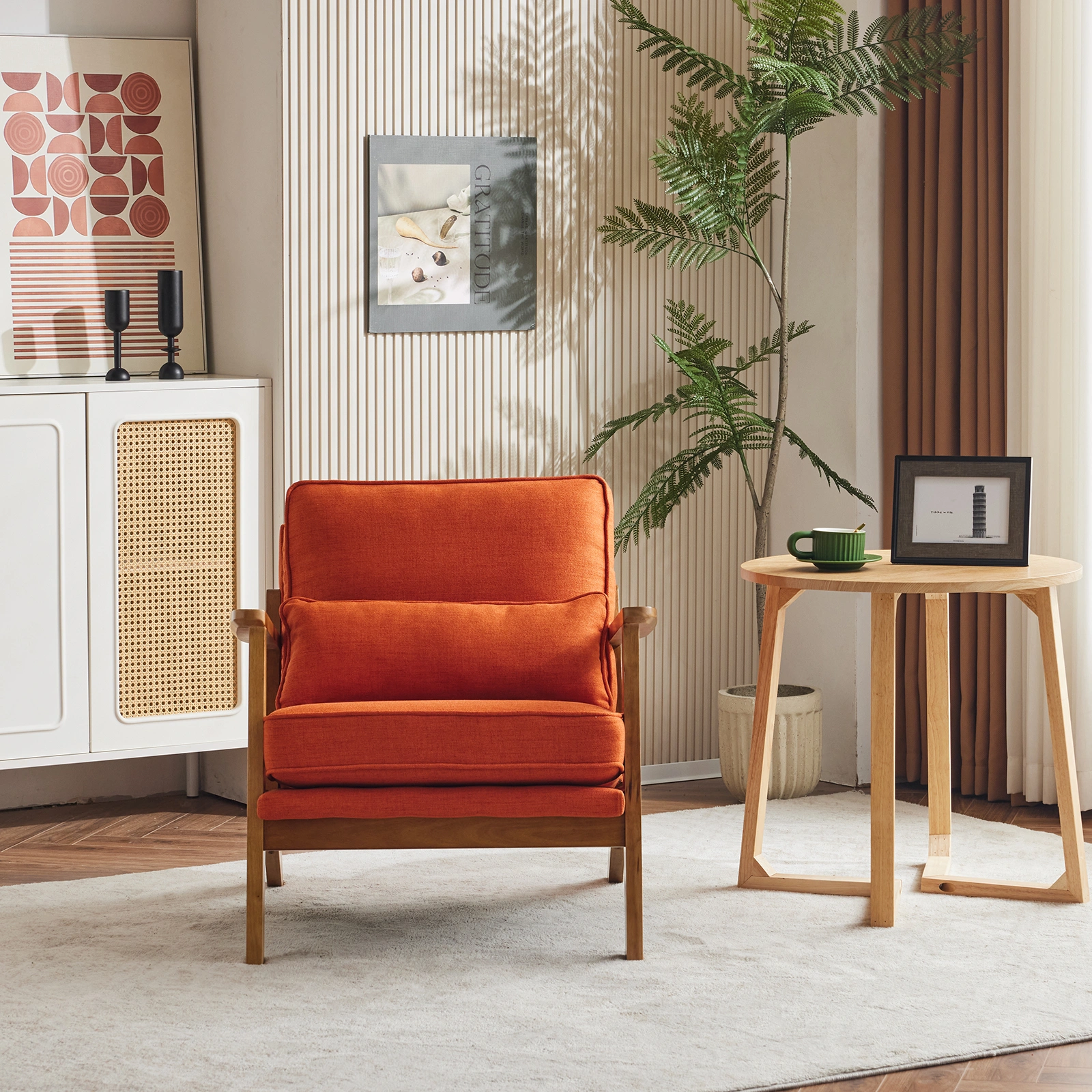 Mid-Century Modern Accent Chair with Wooden Frame - Oak Armrest, Linen-Cotton Burnt Orange Upholstery, Single Seater Lounge Chair for Living Room (Weight Capacity 330LBS) view 12