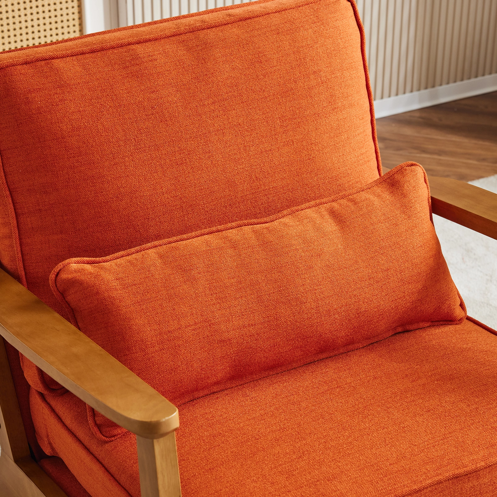 Mid-Century Modern Accent Chair with Wooden Frame - Oak Armrest, Linen-Cotton Burnt Orange Upholstery, Single Seater Lounge Chair for Living Room (Weight Capacity 330LBS) view 13