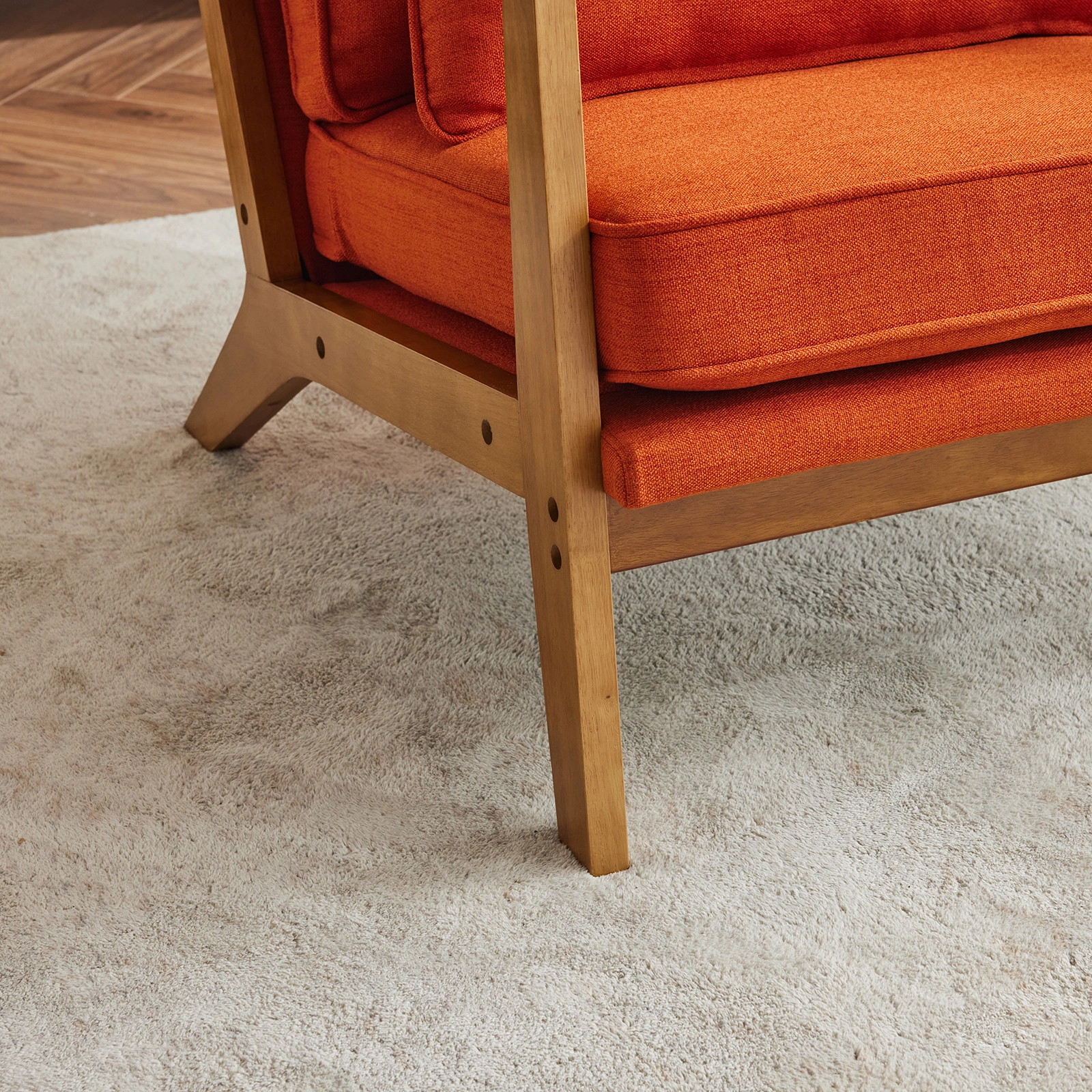Mid-Century Modern Accent Chair with Wooden Frame - Oak Armrest, Linen-Cotton Burnt Orange Upholstery, Single Seater Lounge Chair for Living Room (Weight Capacity 330LBS) view 14
