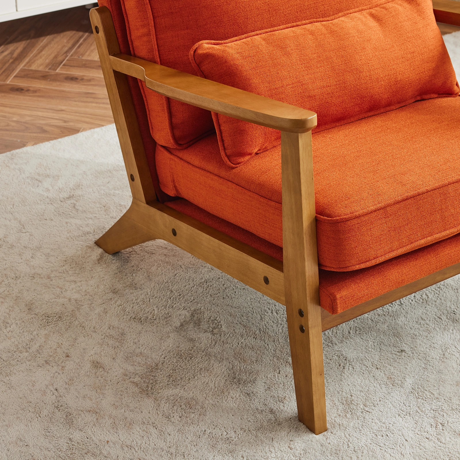 Mid-Century Modern Accent Chair with Wooden Frame - Oak Armrest, Linen-Cotton Burnt Orange Upholstery, Single Seater Lounge Chair for Living Room (Weight Capacity 330LBS) view 15