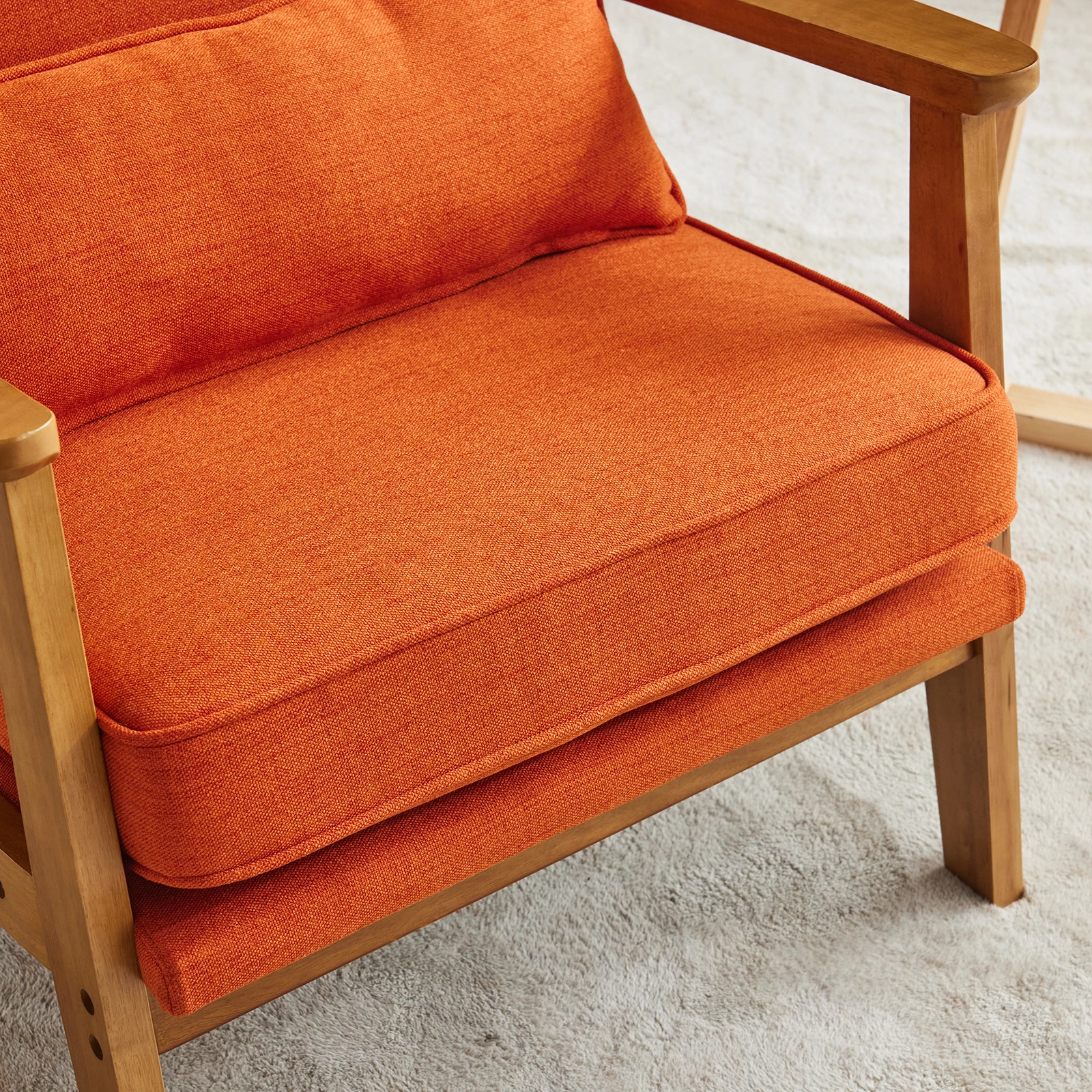 Mid-Century Modern Accent Chair with Wooden Frame - Oak Armrest, Linen-Cotton Burnt Orange Upholstery, Single Seater Lounge Chair for Living Room (Weight Capacity 330LBS) view 16