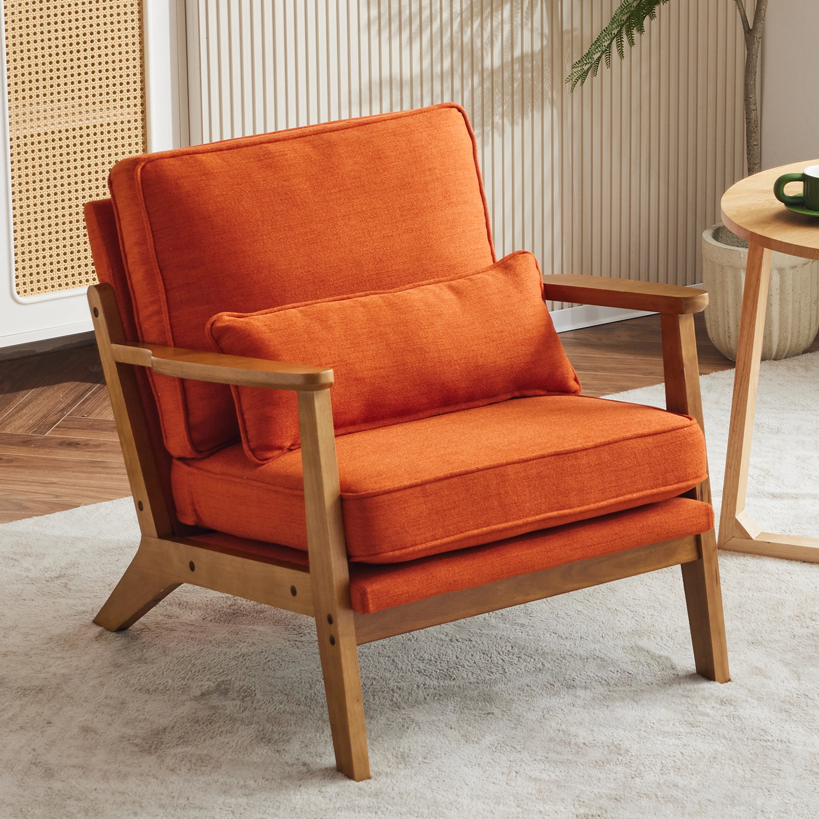 Mid-Century Modern Accent Chair with Wooden Frame - Oak Armrest, Linen-Cotton Burnt Orange Upholstery, Single Seater Lounge Chair for Living Room (Weight Capacity 330LBS) view 18