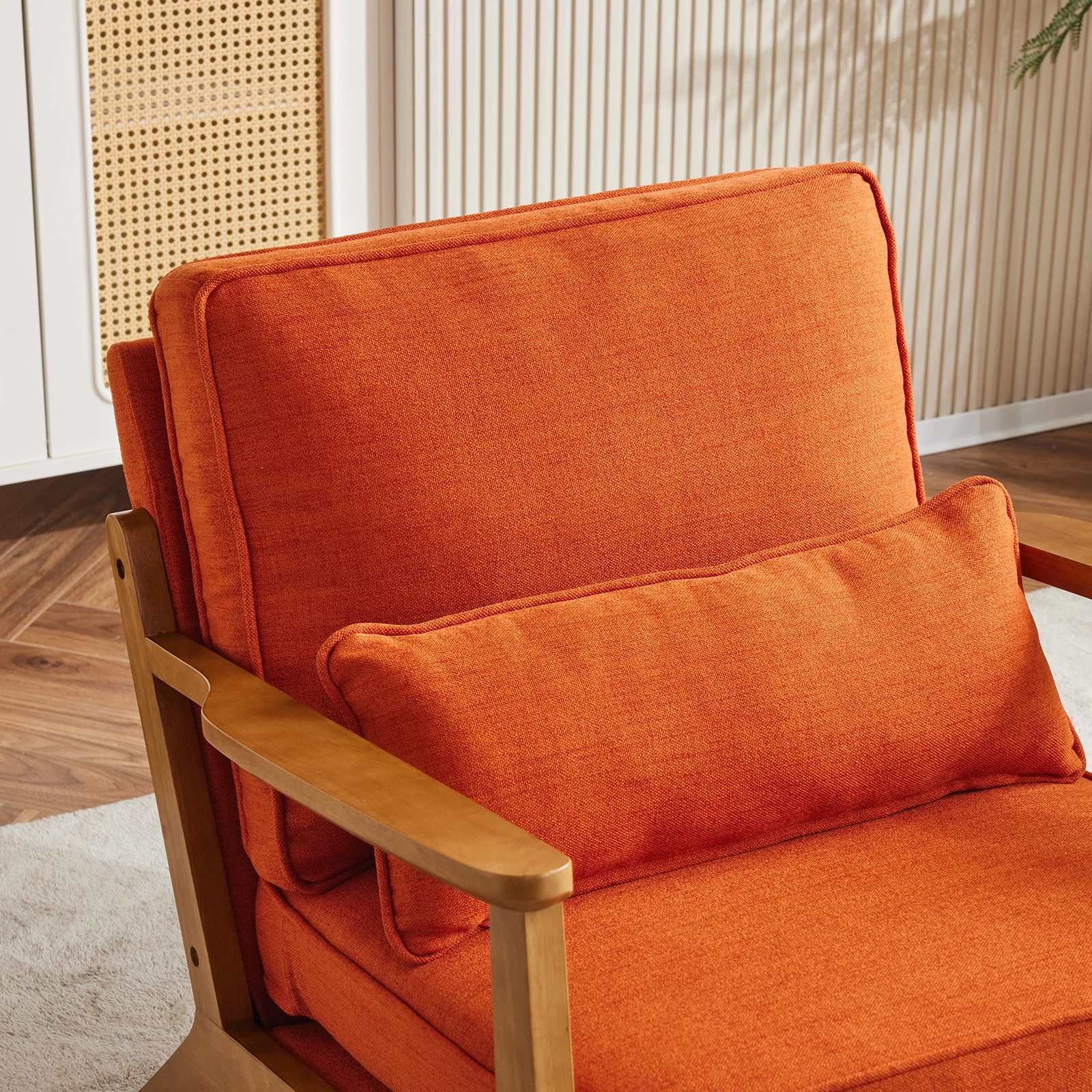Mid-Century Modern Accent Chair with Wooden Frame - Oak Armrest, Linen-Cotton Burnt Orange Upholstery, Single Seater Lounge Chair for Living Room (Weight Capacity 330LBS) view 19