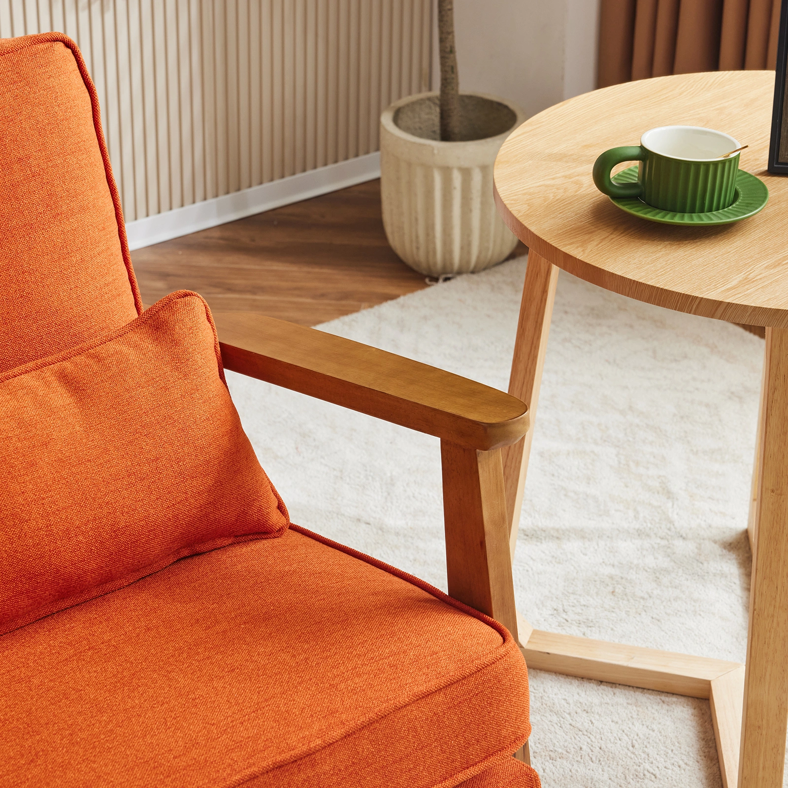 Mid-Century Modern Accent Chair with Wooden Frame - Oak Armrest, Linen-Cotton Burnt Orange Upholstery, Single Seater Lounge Chair for Living Room (Weight Capacity 330LBS) view 2