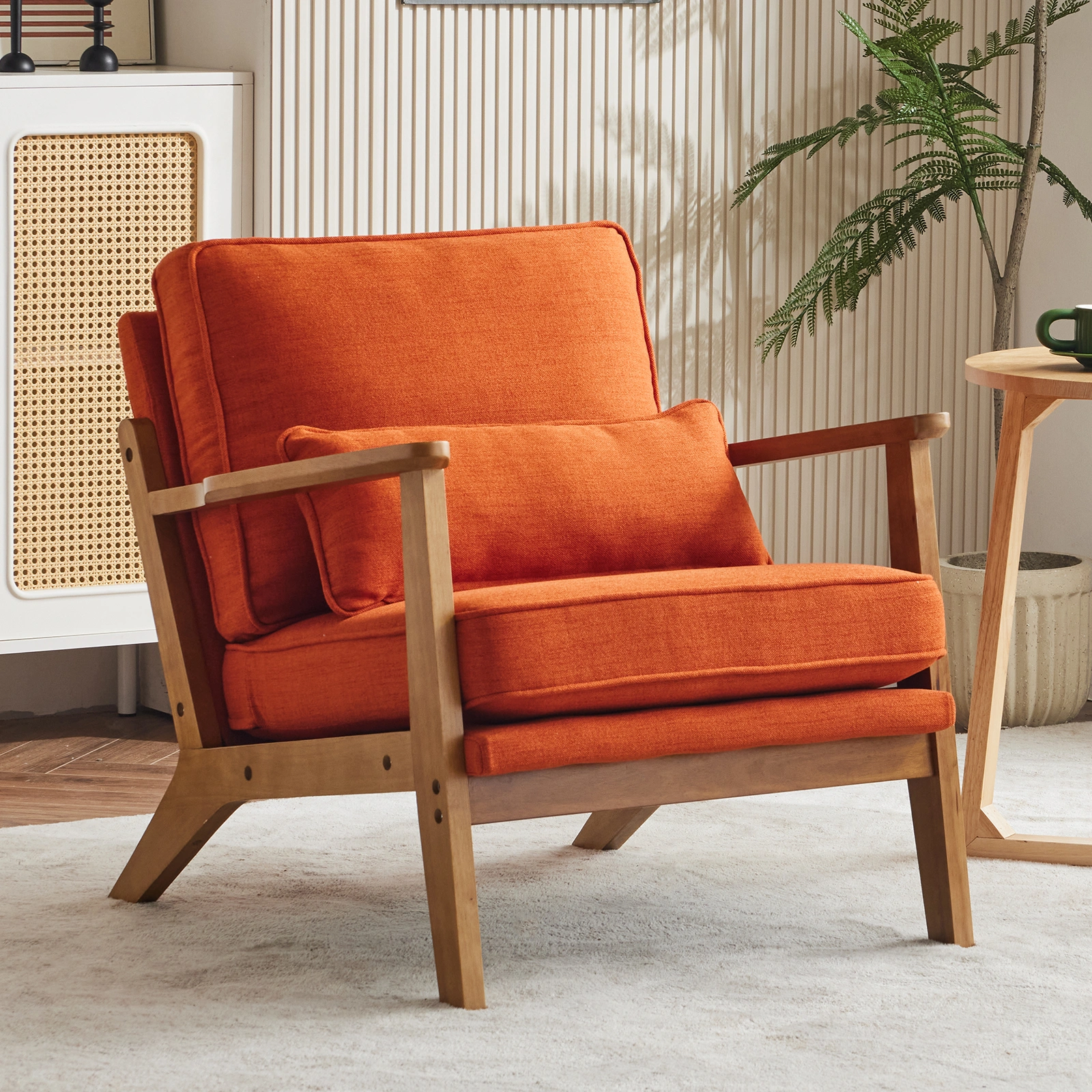Mid-Century Modern Accent Chair with Wooden Frame - Oak Armrest, Linen-Cotton Burnt Orange Upholstery, Single Seater Lounge Chair for Living Room (Weight Capacity 330LBS) view 20