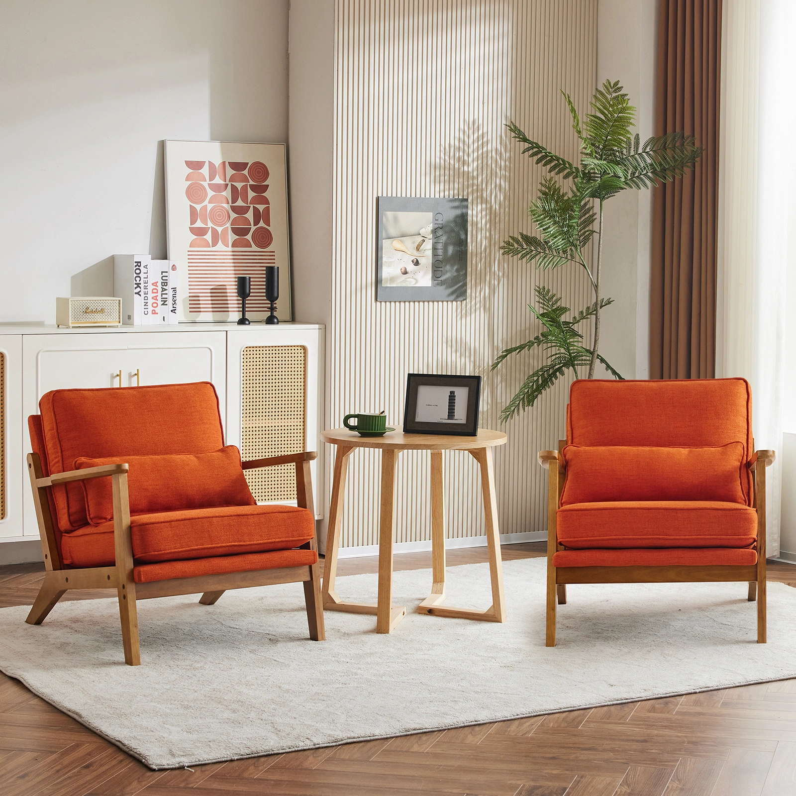 Mid-Century Modern Accent Chair with Wooden Frame - Oak Armrest, Linen-Cotton Burnt Orange Upholstery, Single Seater Lounge Chair for Living Room (Weight Capacity 330LBS) view 21