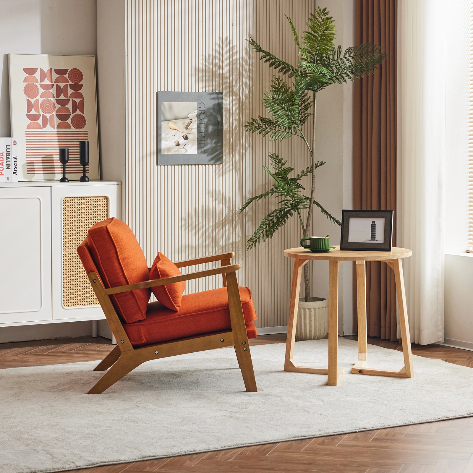 Mid-Century Modern Accent Chair with Wooden Frame - Oak Armrest, Linen-Cotton Burnt Orange Upholstery, Single Seater Lounge Chair for Living Room (Weight Capacity 330LBS) view 22