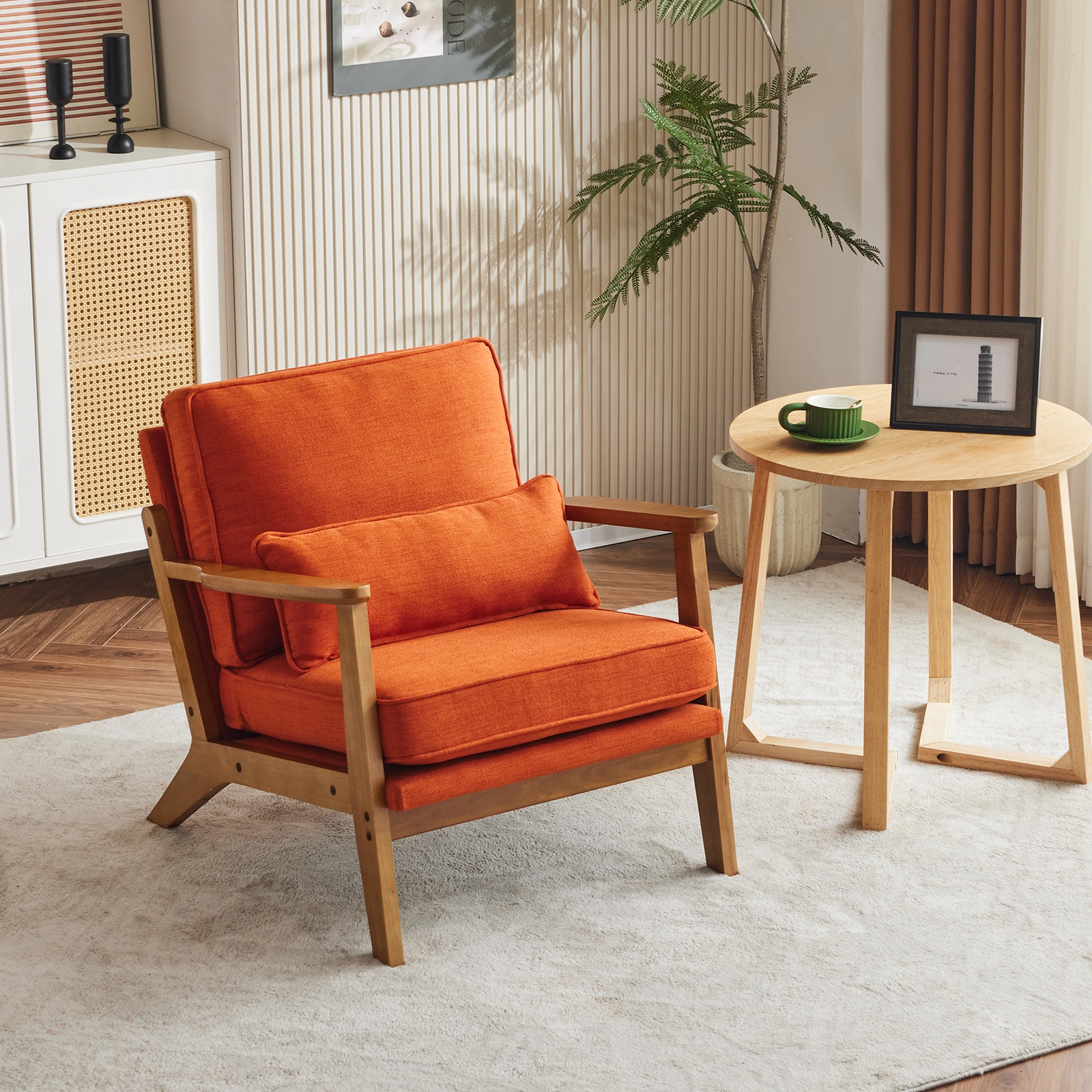 Mid-Century Modern Accent Chair with Wooden Frame - Oak Armrest, Linen-Cotton Burnt Orange Upholstery, Single Seater Lounge Chair for Living Room (Weight Capacity 330LBS) view 23