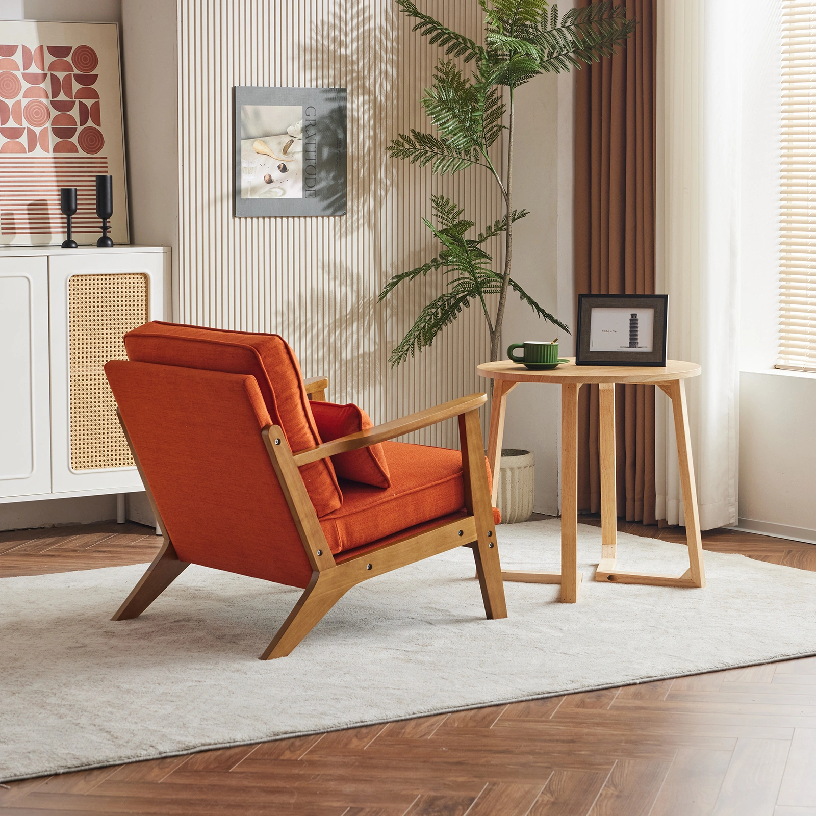 Mid-Century Modern Accent Chair with Wooden Frame - Oak Armrest, Linen-Cotton Burnt Orange Upholstery, Single Seater Lounge Chair for Living Room (Weight Capacity 330LBS) view 24