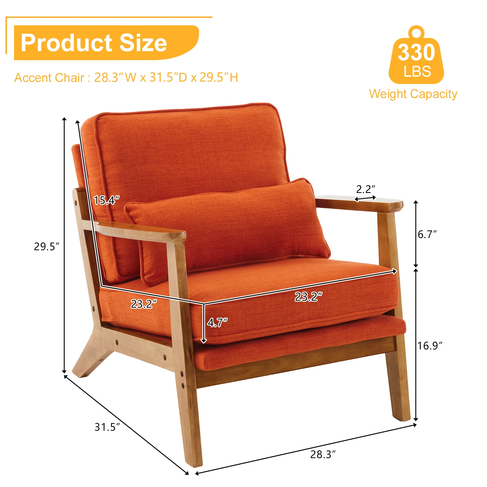 Mid-Century Modern Accent Chair with Wooden Frame - Oak Armrest, Linen-Cotton Burnt Orange Upholstery, Single Seater Lounge Chair for Living Room (Weight Capacity 330LBS) view 25