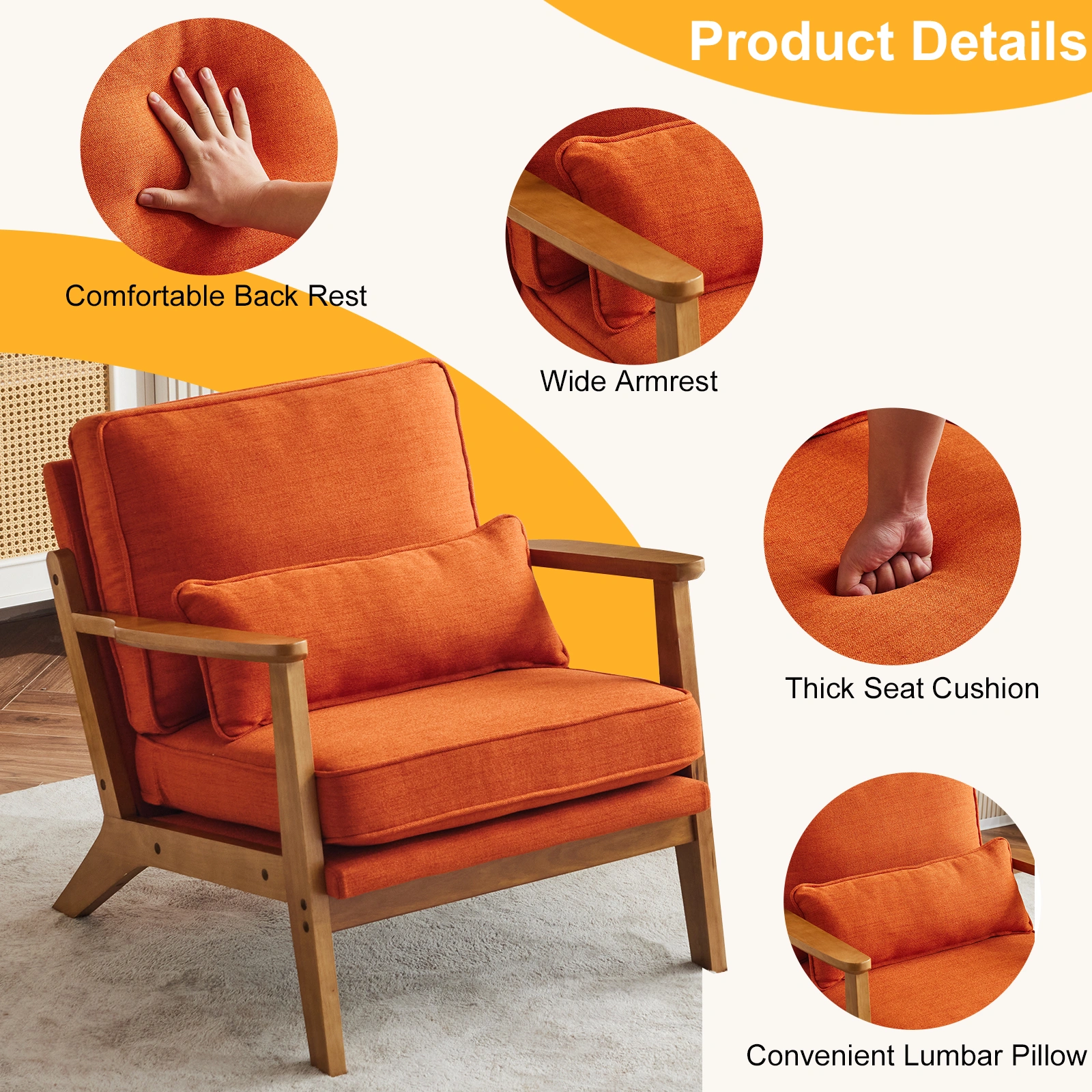 Mid-Century Modern Accent Chair with Wooden Frame - Oak Armrest, Linen-Cotton Burnt Orange Upholstery, Single Seater Lounge Chair for Living Room (Weight Capacity 330LBS) view 3