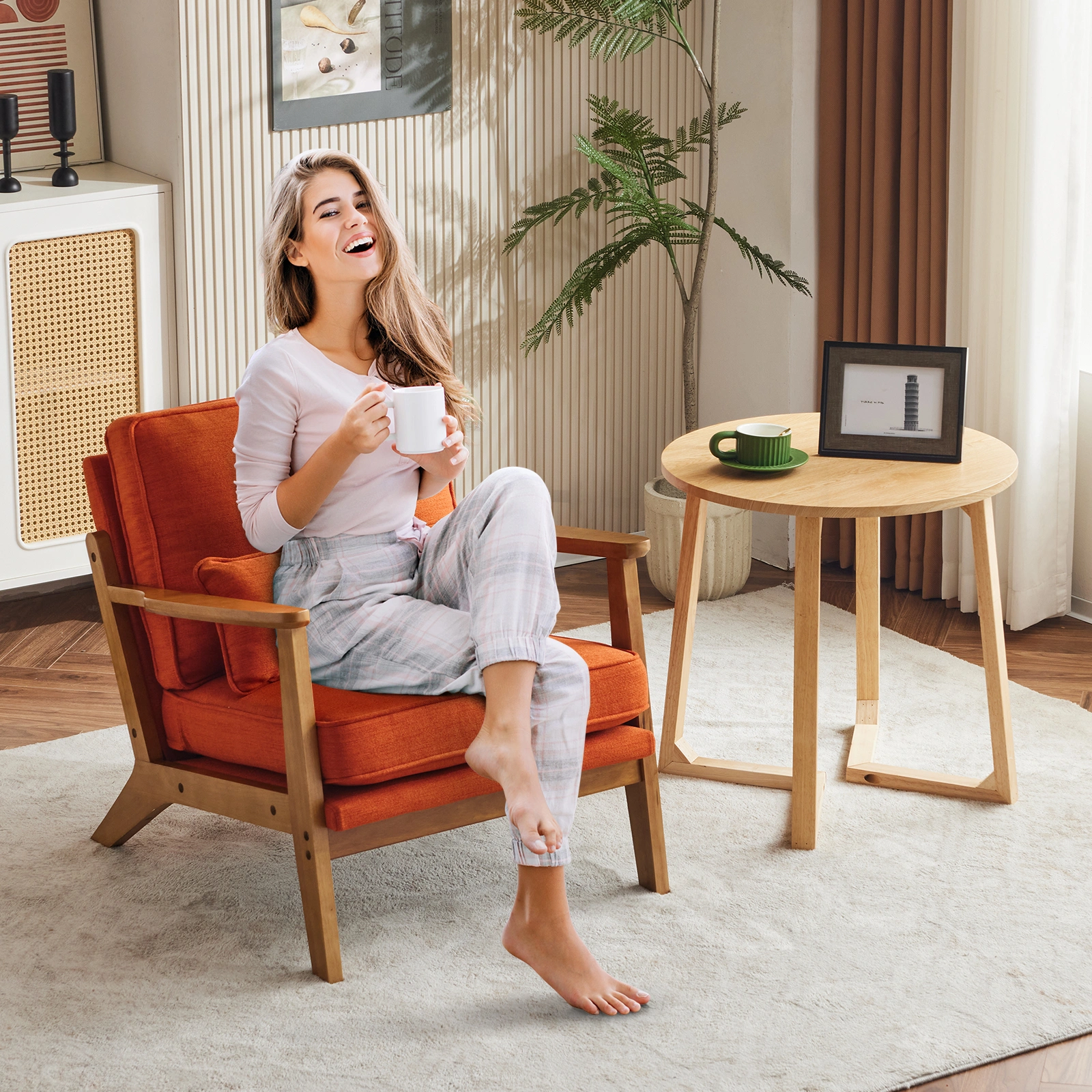 Mid-Century Modern Accent Chair with Wooden Frame - Oak Armrest, Linen-Cotton Burnt Orange Upholstery, Single Seater Lounge Chair for Living Room (Weight Capacity 330LBS) view 7