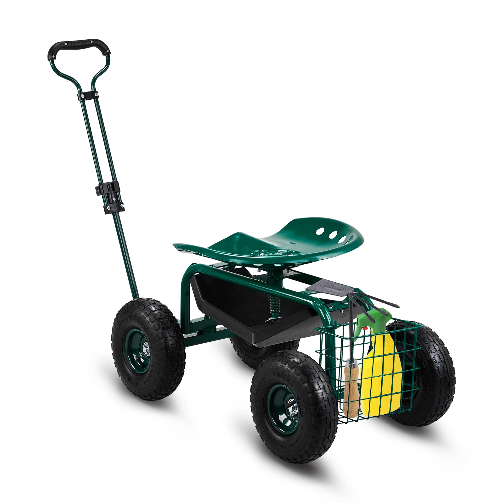 Rolling Garden Work Seat with Wheels, 360° Swivel Seat & Extendable Handle, Tool Tray Garden Scooter Stool for Planting, Green