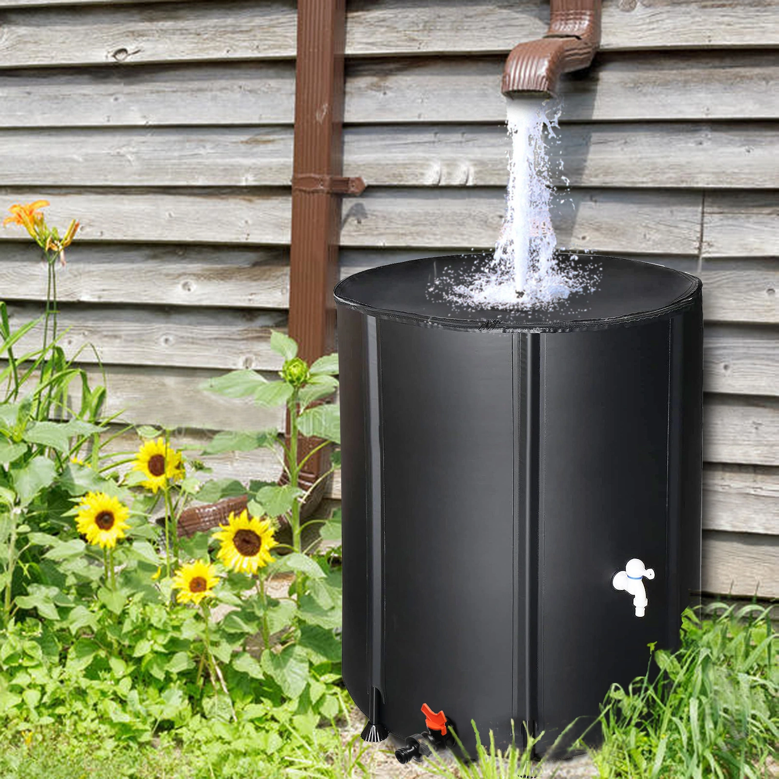 132 Gallon Folding Rain Barrel Water Collector - Black Outdoor Garden Water Storage Tank, Collapsible Rain Barrel for Home & Yard view 9