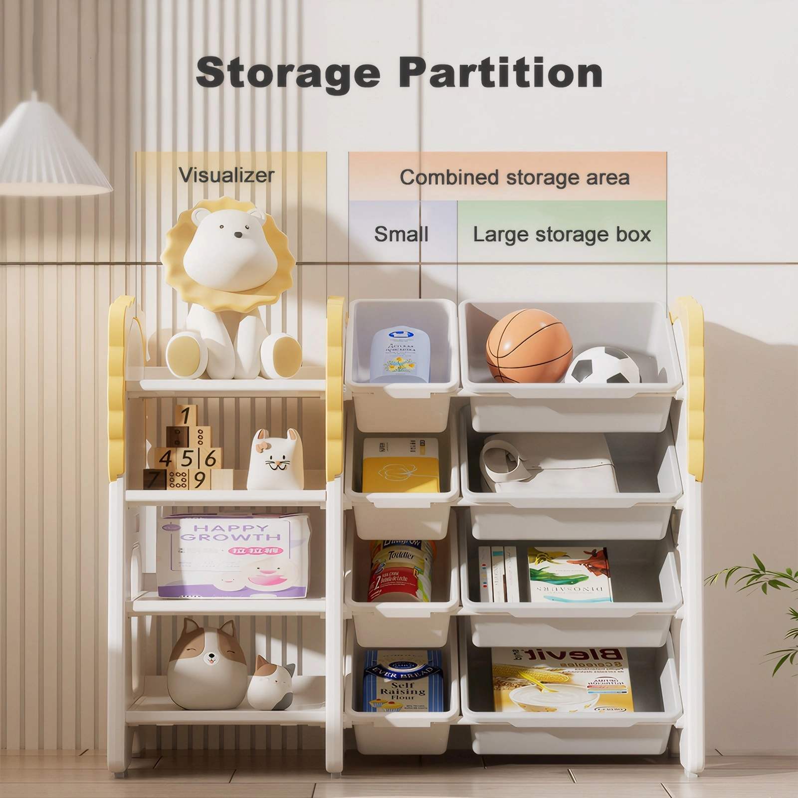 Kids Toy Storage Shelf with 8 Removable Bins, 4-Tier Bookcase Organizer for Bedroom, Nursery, Classroom, Playroom view 7