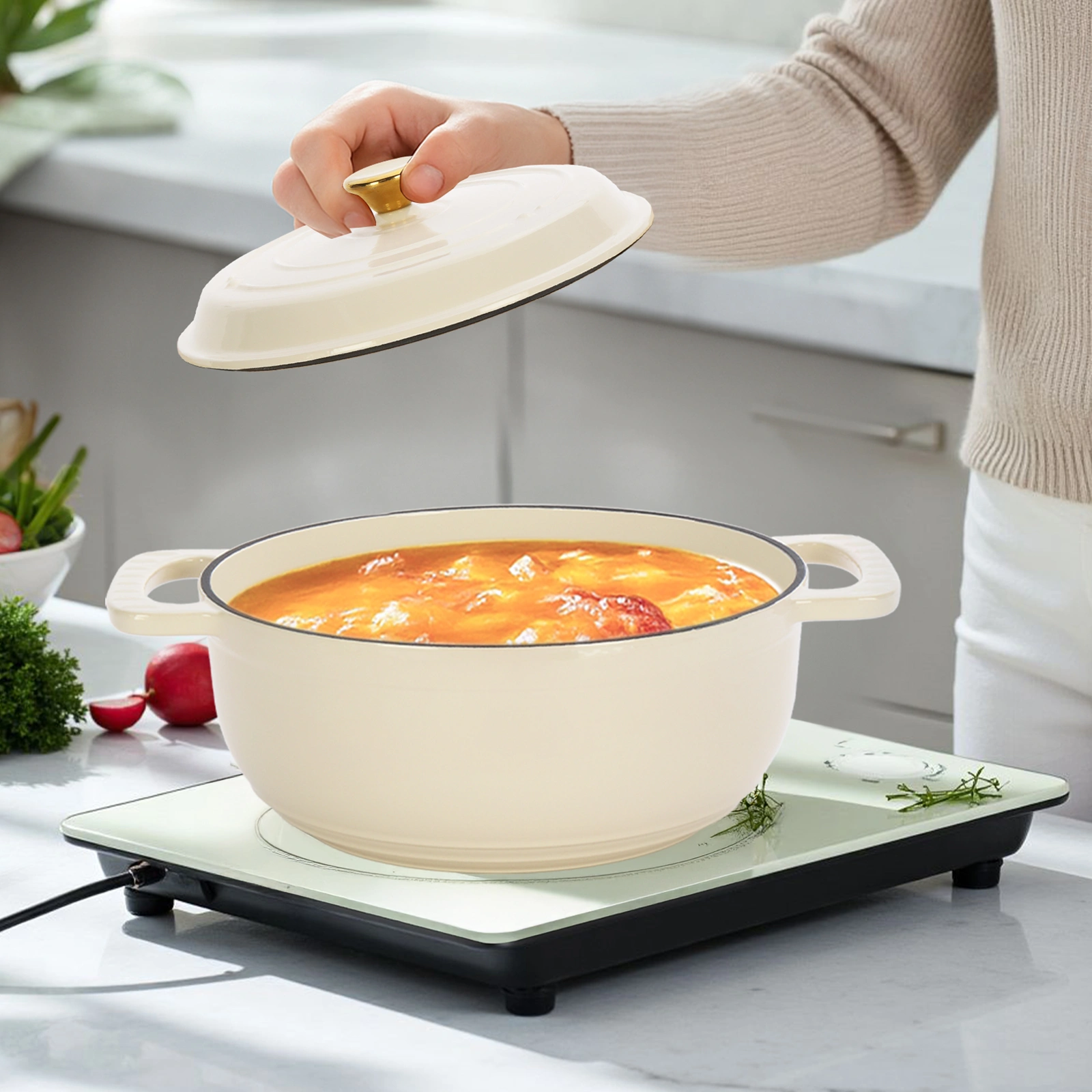Cast iron 5QT cooking pot - ceramic white - comes with two silicone gloves - Enamel pot view 8