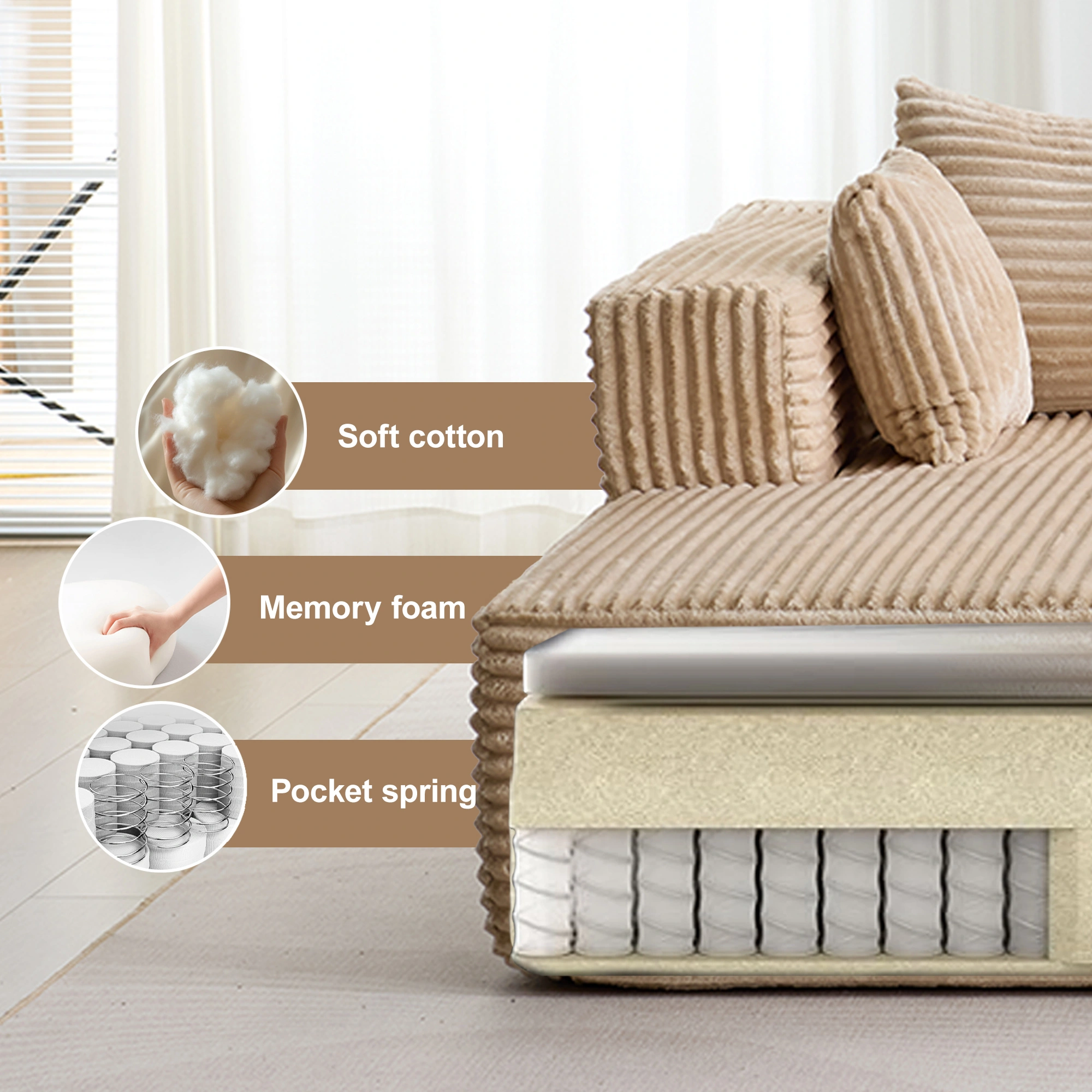 Compression Sectional Sofa with Chaise, L-Shaped Boneless Couch with Deep Seat, Modular Sleeper Sectional for Living Room Bedroom, Corduroy, Beige view 5