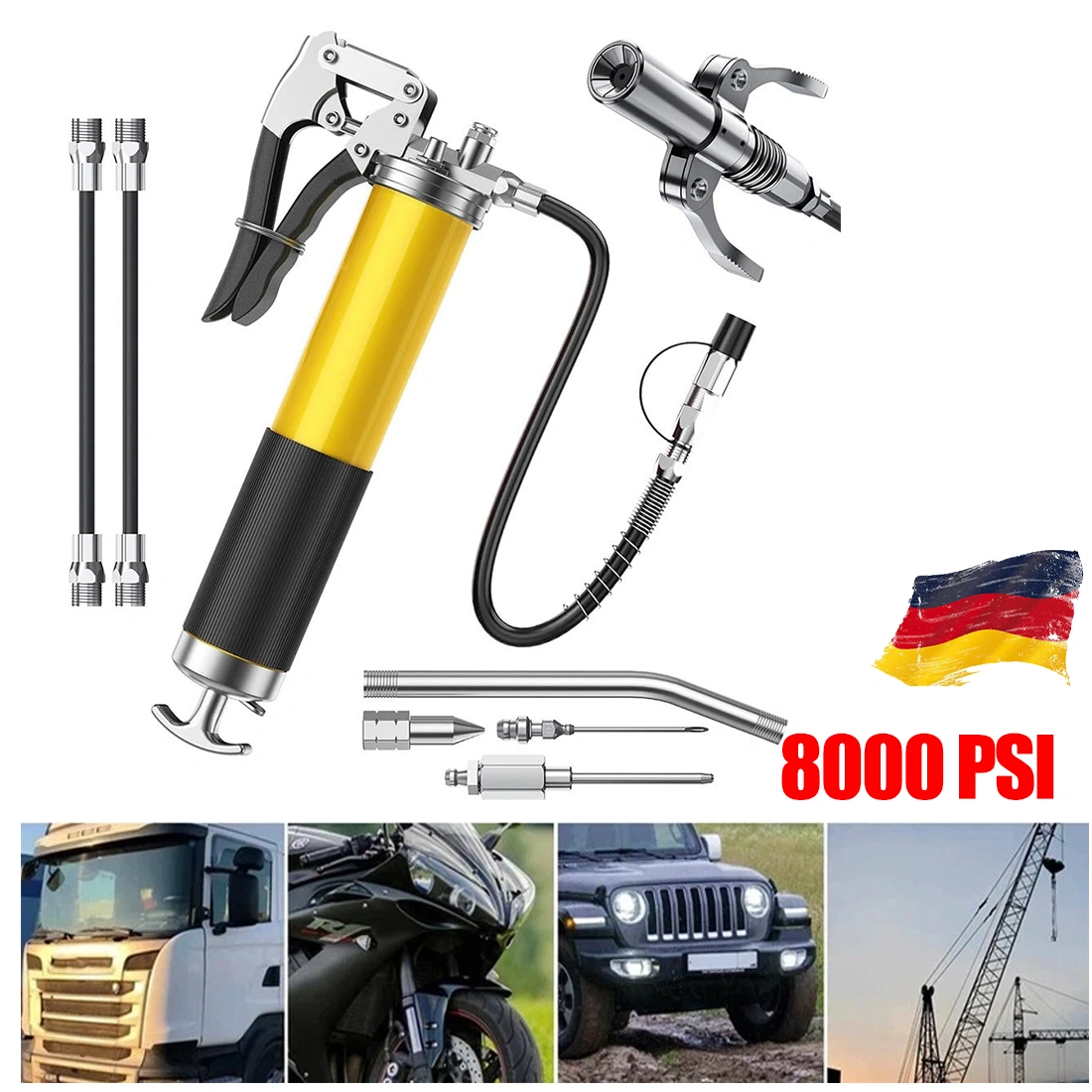 Professional Grease Gun 8000 PSI, 8-Piece Hand Grease Pump Set with 2 Standard Hoses, Yellow