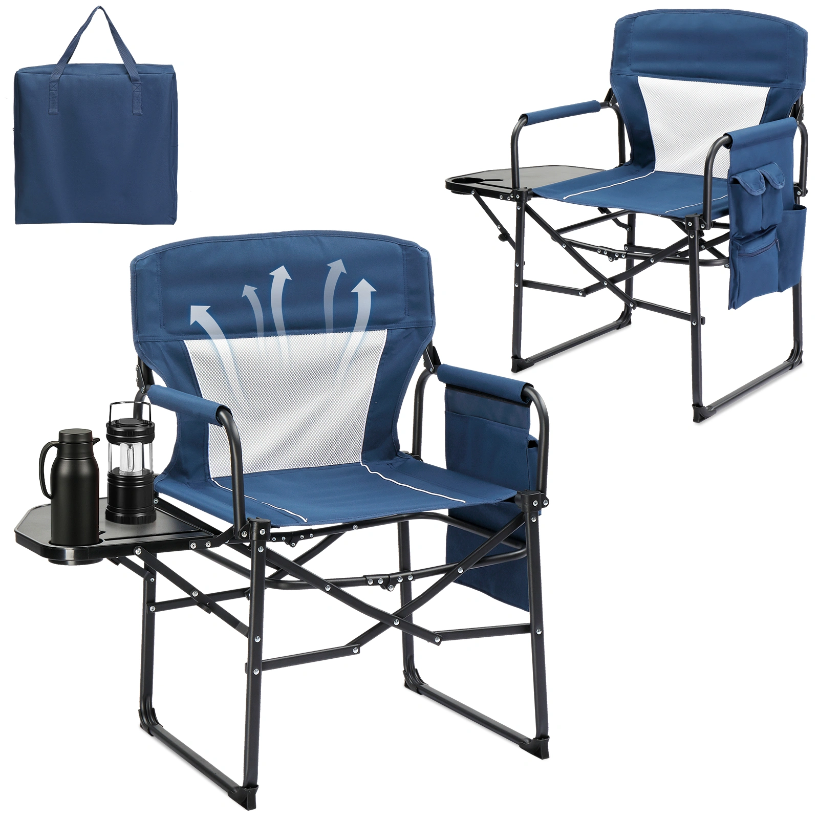 Folding Camping Directors Chair Portable Outdoor Chair w/ Cup Holder Side Table Storage Pocket, Blue