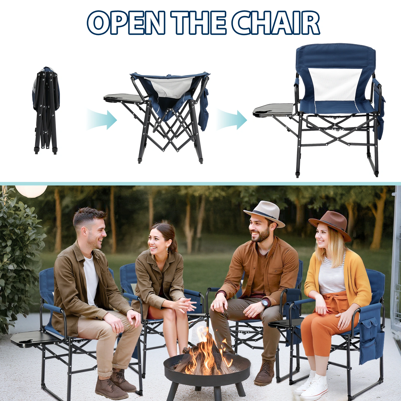 Folding Camping Directors Chair Portable Outdoor Chair w/ Cup Holder Side Table Storage Pocket, Blue view 5