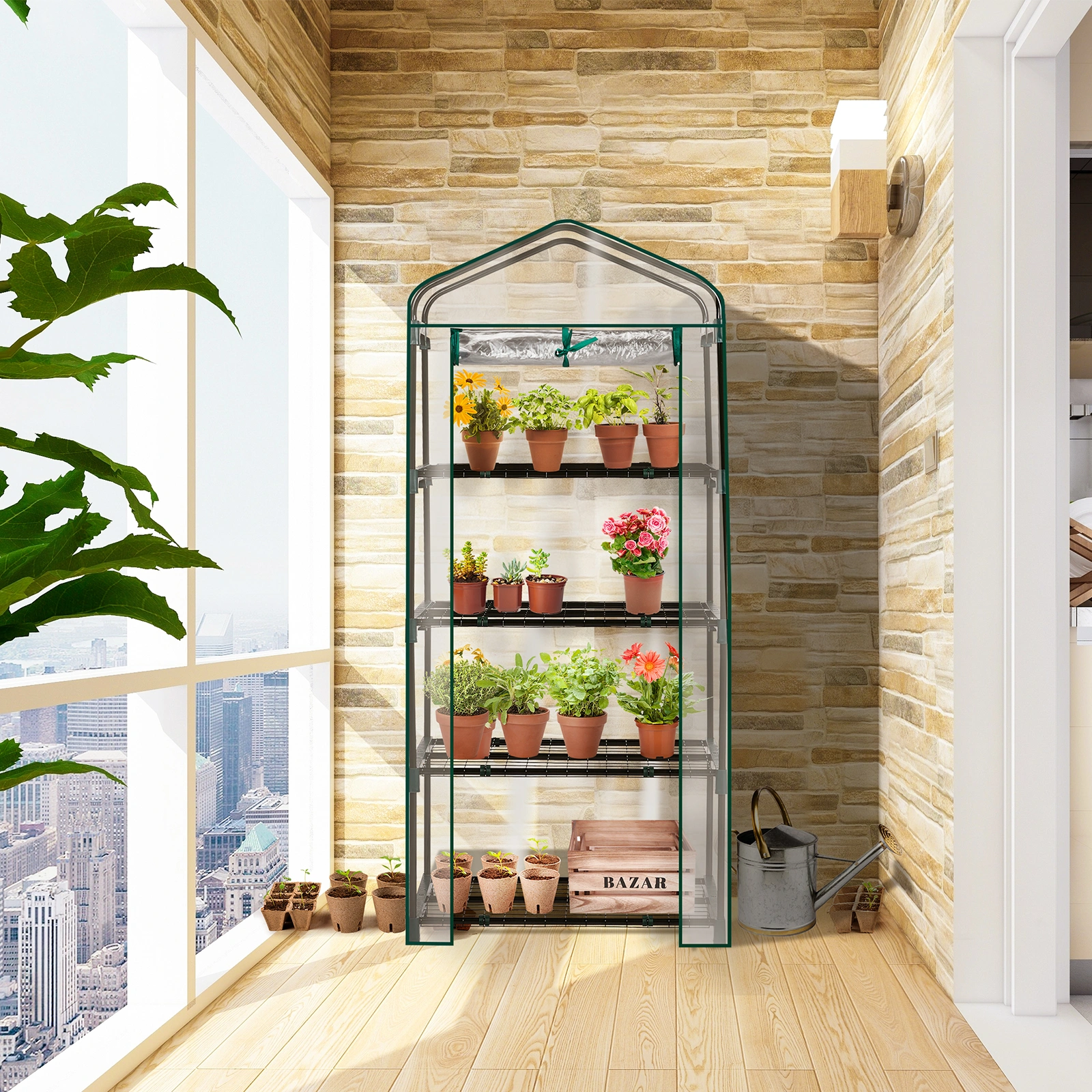 4 Tier Mini Greenhouse with PVC Cover & Roll-Up Zipper Door, Portable Waterproof Greenhouse for Garden Backyard, 27" x 19" x 62", Transparent view 16