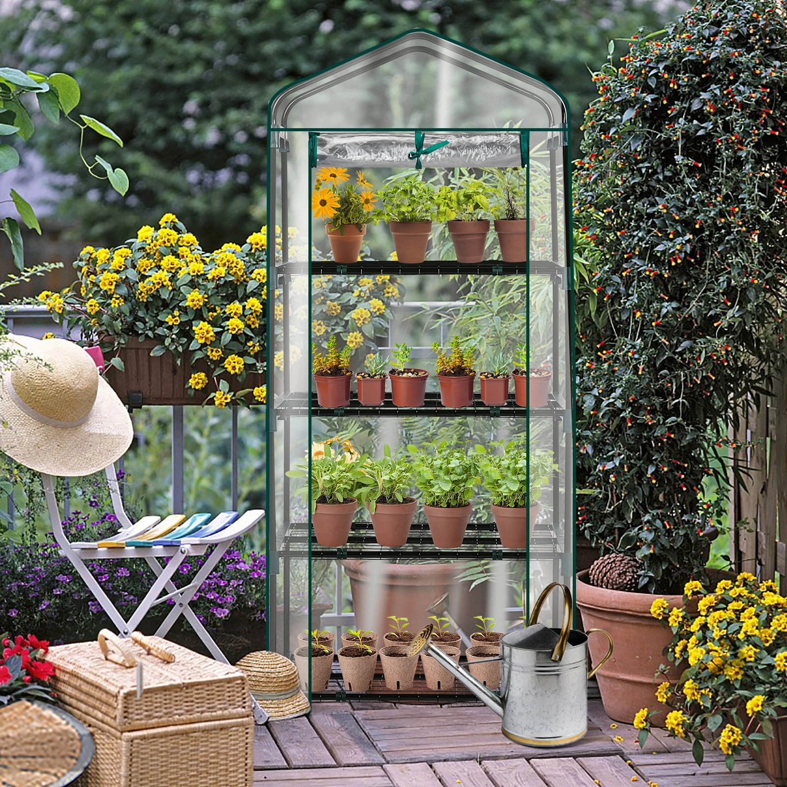 4 Tier Mini Greenhouse with PVC Cover & Roll-Up Zipper Door, Portable Waterproof Greenhouse for Garden Backyard, 27" x 19" x 62", Transparent view 17