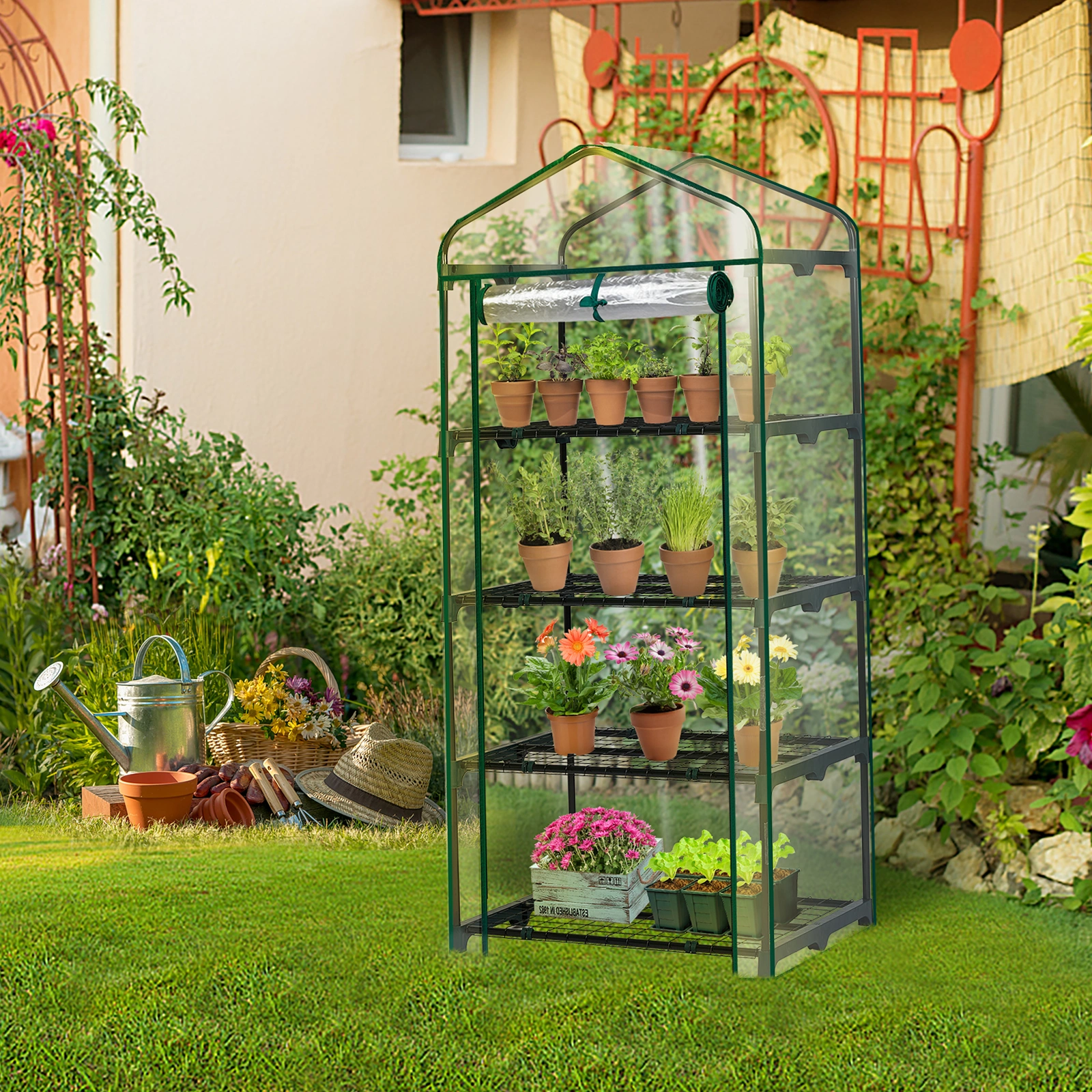 4 Tier Mini Greenhouse with PVC Cover & Roll-Up Zipper Door, Portable Waterproof Greenhouse for Garden Backyard, 27" x 19" x 62", Transparent view 9