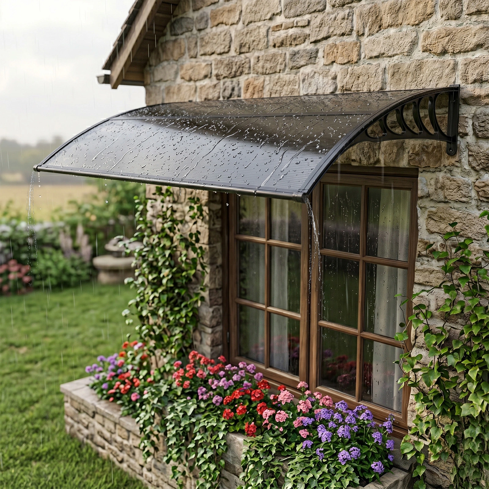 Awning for Door Entrance with Drainage Sink, 40x60 Inch Window Canopy Exterior, UV Rain Snow Protection for House Porch Patio Deck, Black Bracket & Brown Board view 11