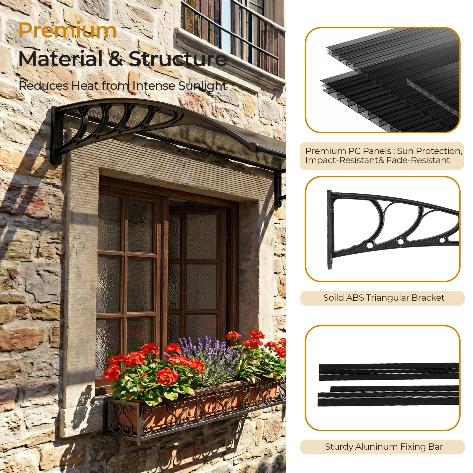 Awning for Door Entrance with Drainage Sink, 40x60 Inch Window Canopy Exterior, UV Rain Snow Protection for House Porch Patio Deck, Black Bracket & Brown Board view 7