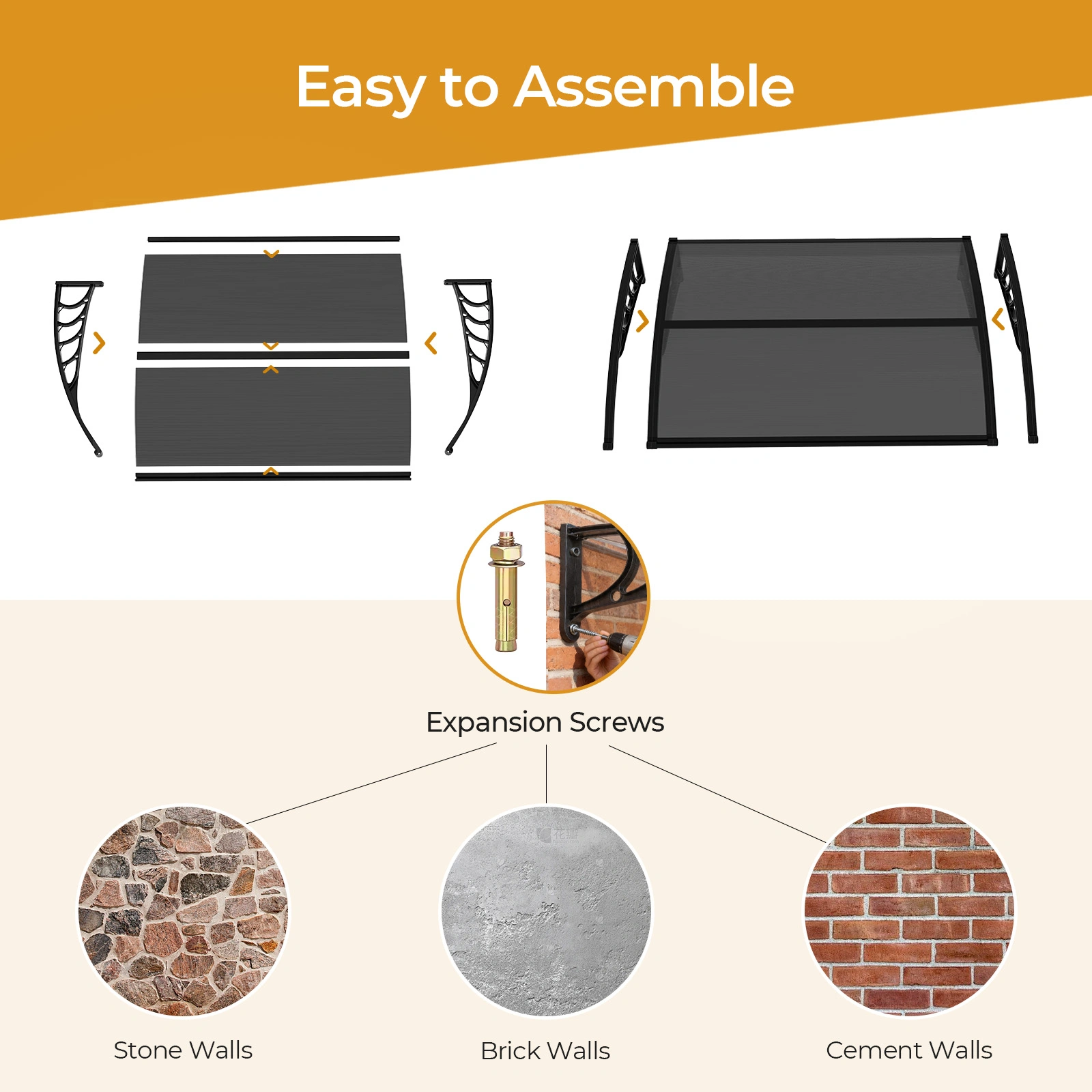 Awning for Door Entrance with Drainage Sink, 40x60 Inch Window Canopy Exterior, UV Rain Snow Protection for House Porch Patio Deck, Black Bracket & Brown Board view 8