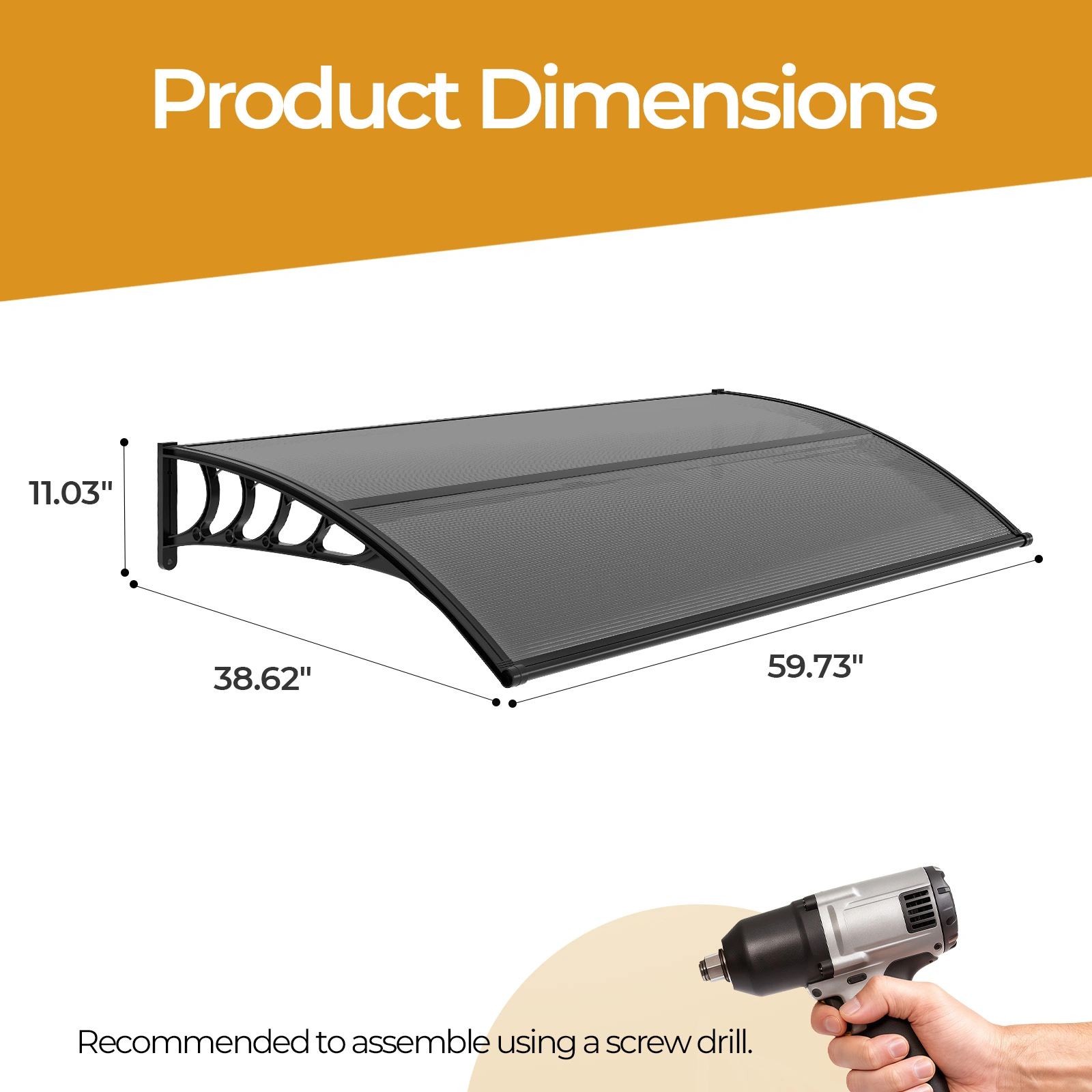 Awning for Door Entrance with Drainage Sink, 40x60 Inch Window Canopy Exterior, UV Rain Snow Protection for House Porch Patio Deck, Black Bracket & Brown Board view 9