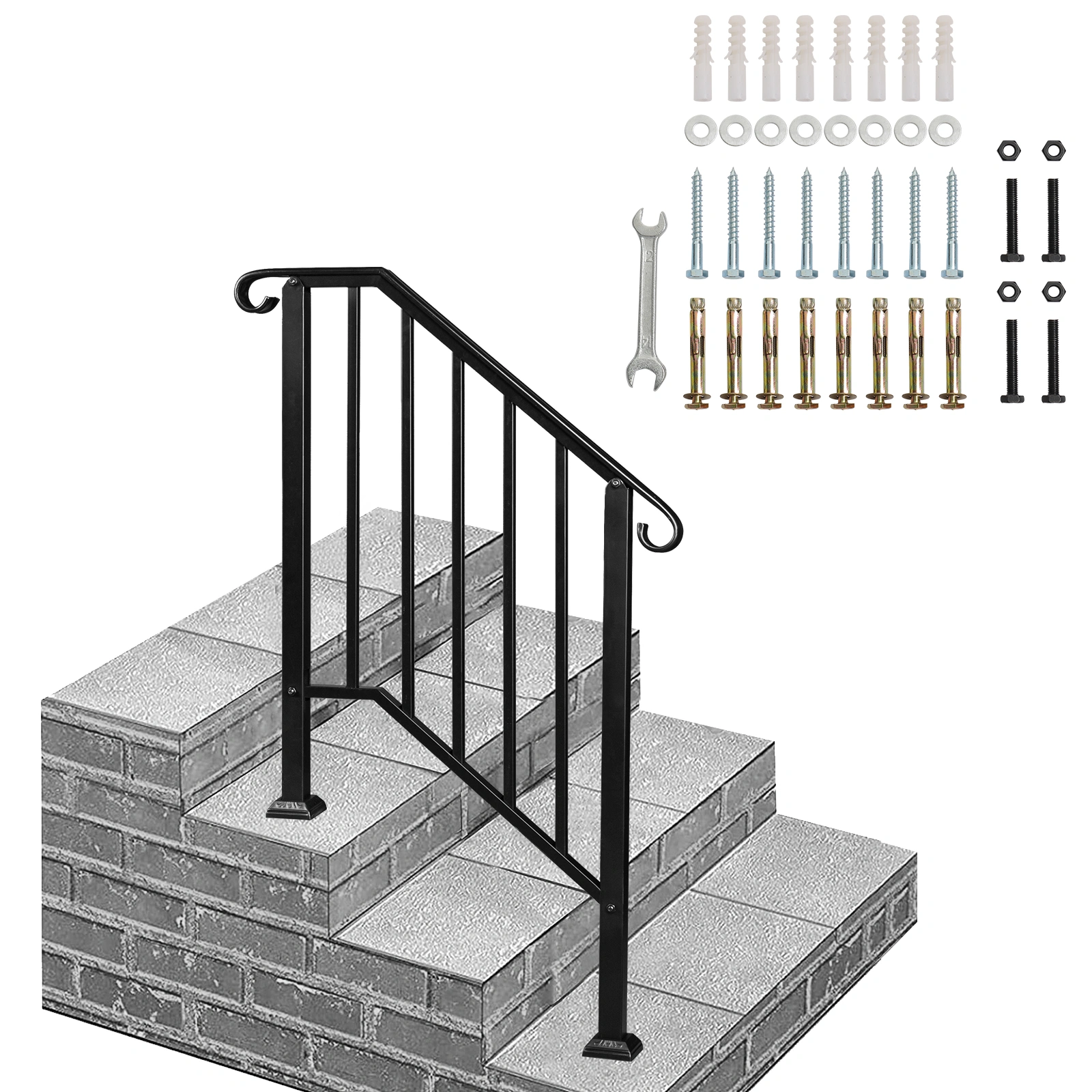 Matte Black Outdoor 2-Step Iron Handrail, Wrought Iron Stair Railing for Patio Deck, Replacement 82359152