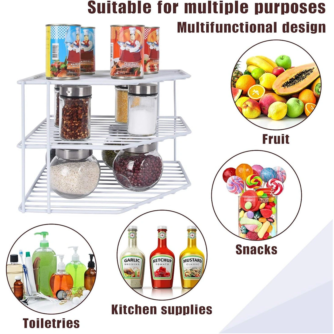 3 Tier Corner Shelf Kitchen Storage Rack Organizer - White, Multifunctional Plate Cabinet Tidy Holder view 2
