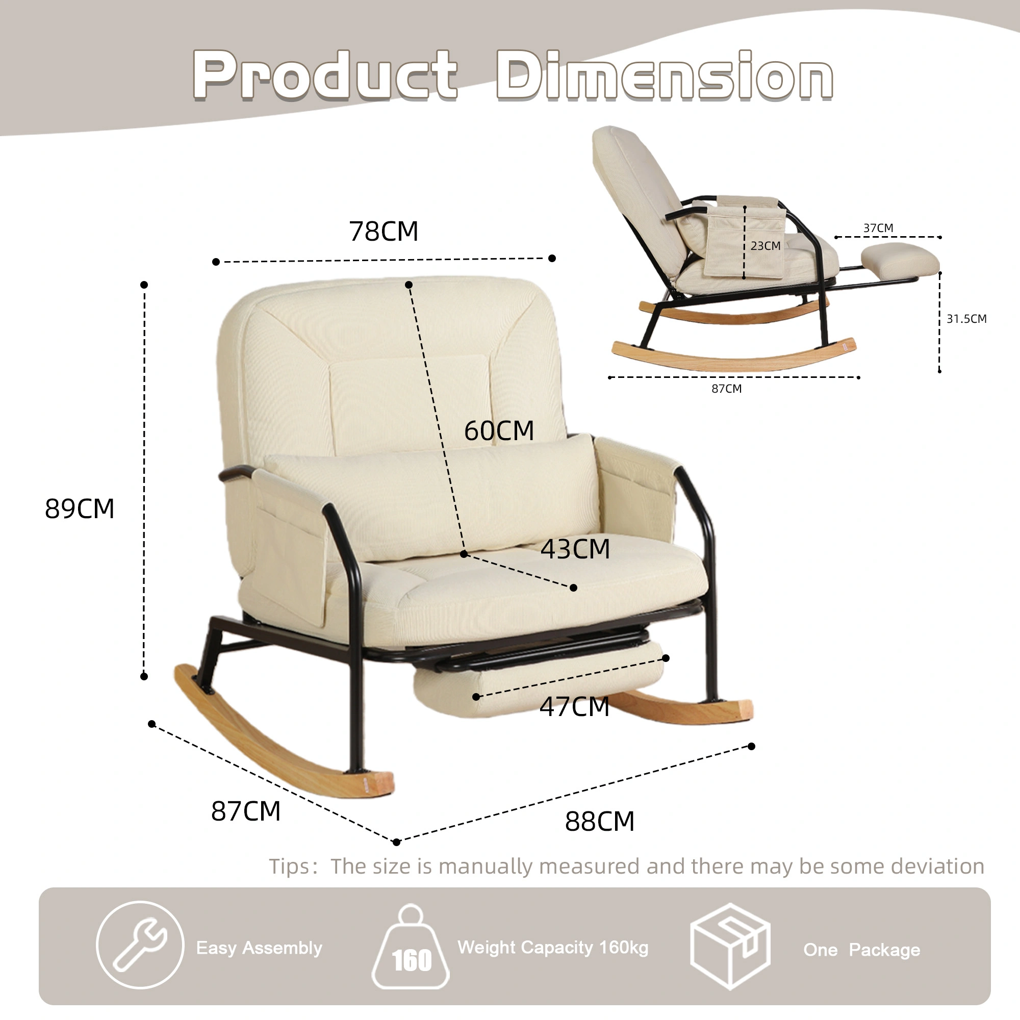 Oversized Rocking Chair Glider with Foot Rest, Padded Cushion Adjustable Backrest, Mental Wooden Farm Style for Indoor Outdoor Living Room Balcony, Corduroy, Beige view 2