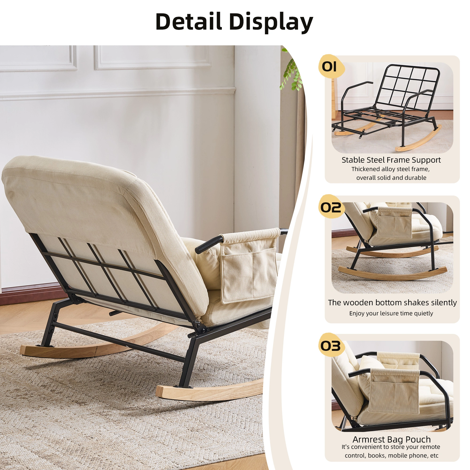 Oversized Rocking Chair Glider with Foot Rest, Padded Cushion Adjustable Backrest, Mental Wooden Farm Style for Indoor Outdoor Living Room Balcony, Corduroy, Beige view 4