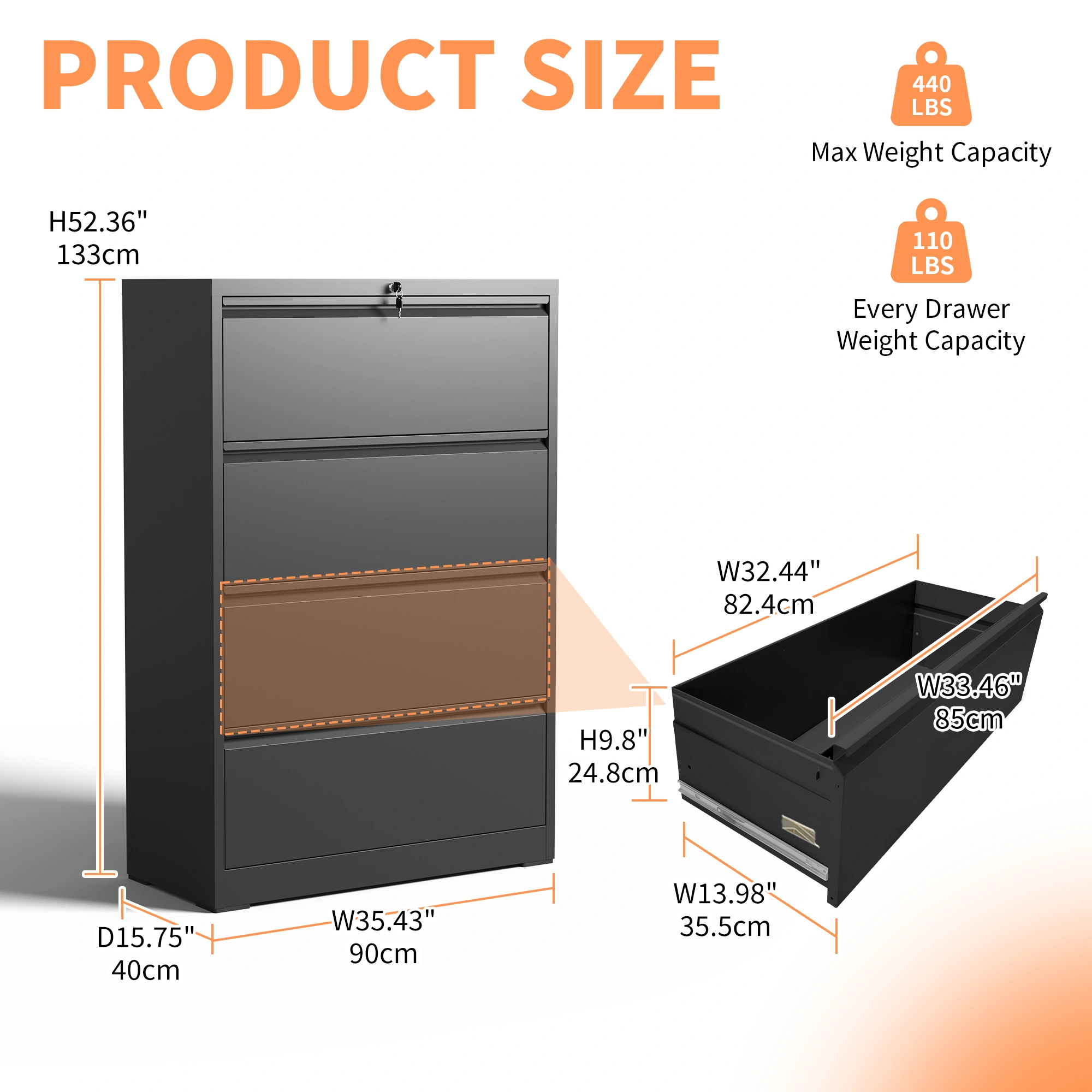 4 Drawer Lateral Filing Cabinet, 35.4" Wide Heavy Duty Metal File Cabinet with Lock, Anti-Tip Interlock, Letter Legal A4, Office Storage view 6