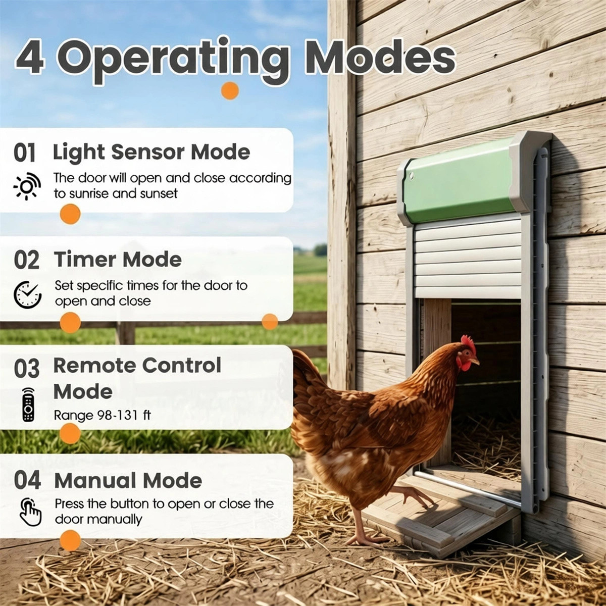 Solar Powered Automatic Chicken Coop Door with 4 Modes Light Sensor Timer Remote Control, Anti-Pinch Weatherproof Aluminum Opener for Chickens Ducks Rabbits Poultry view 5