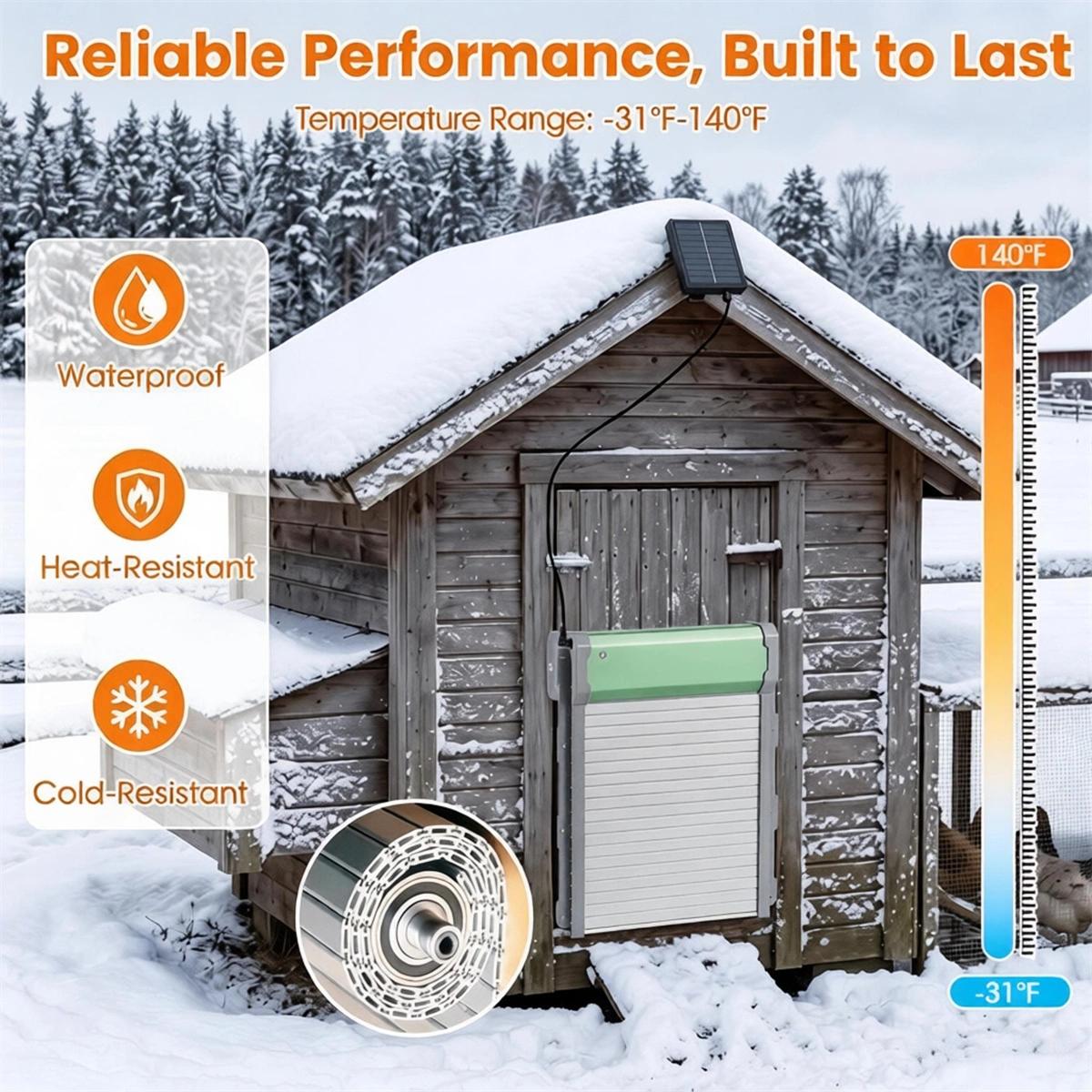 Solar Powered Automatic Chicken Coop Door with 4 Modes Light Sensor Timer Remote Control, Anti-Pinch Weatherproof Aluminum Opener for Chickens Ducks Rabbits Poultry view 7