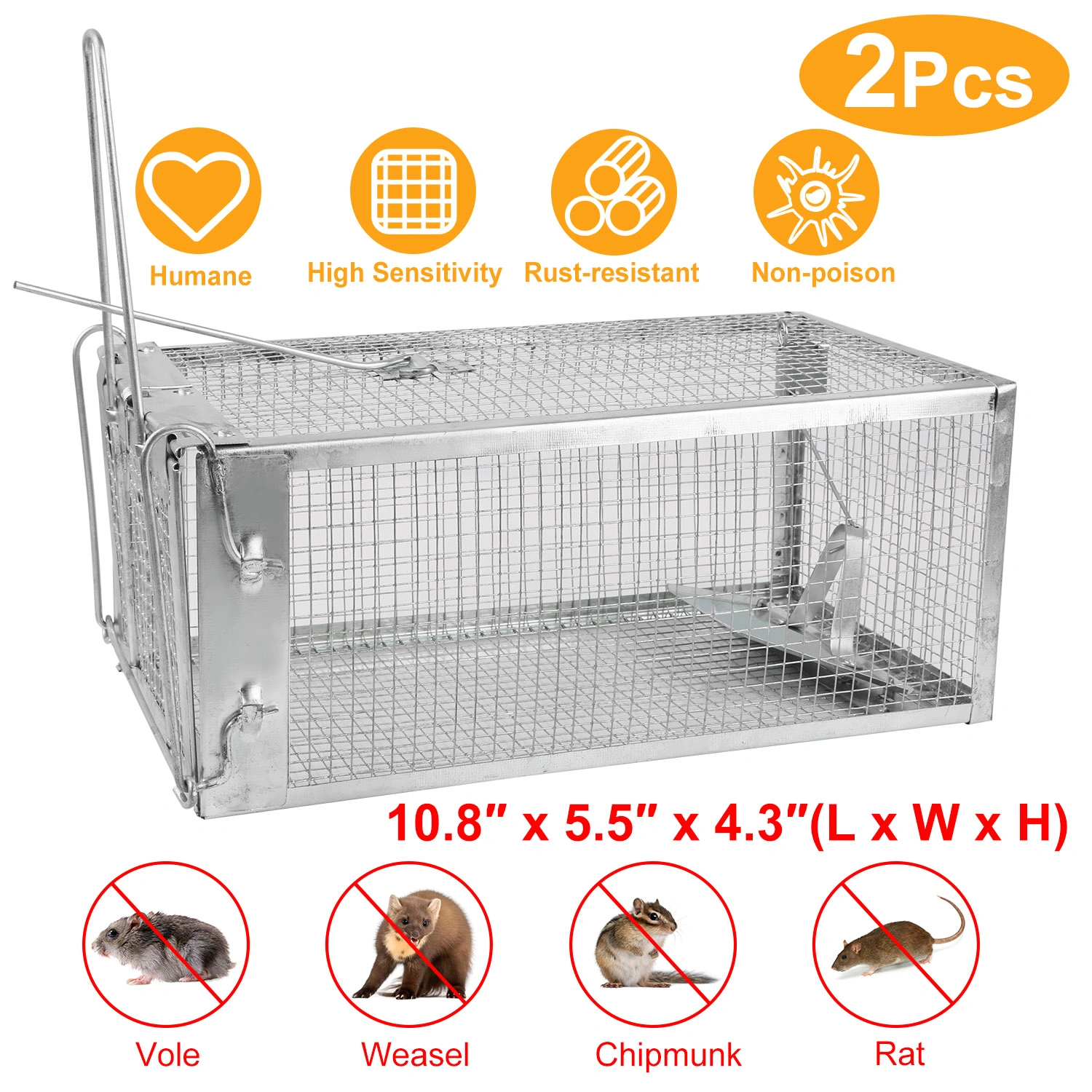 2 pcs Humane Mouse Trap, High Sensitivity Gravity Pedal Auto-Lock Rodent Trap - Sturdy Galvanized Steel, Escape-Proof Small Mesh Design, Safe for Kids & Pets, Easy to Use Indoors/Outdoors for Mice view 3