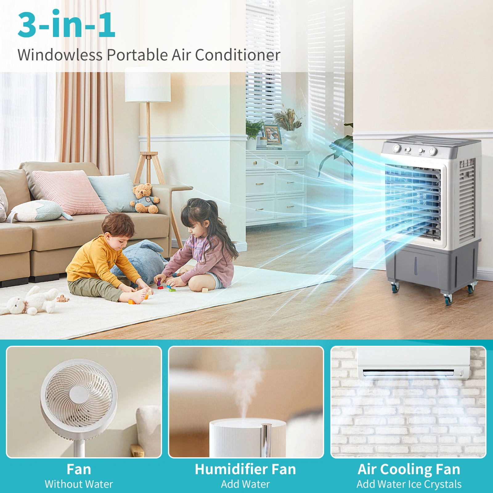 3 in 1 Portable Evaporative Cooler,Indoor,Outdoor,2353CFM Personal Air Cooler,7.9 Gal Large Water Tank & Scroll Casters, 4 Ice Packs,White,Manual control view 3
