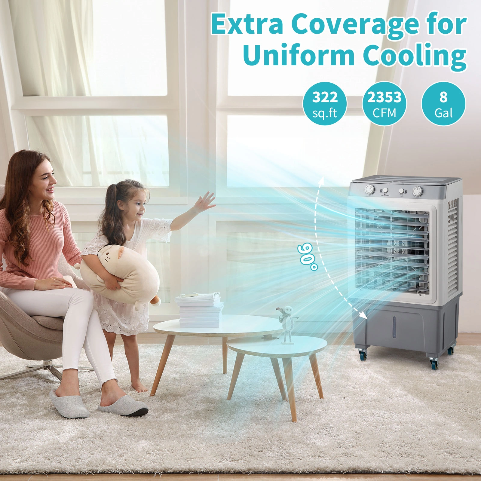 3 in 1 Portable Evaporative Cooler,Indoor,Outdoor,2353CFM Personal Air Cooler,7.9 Gal Large Water Tank & Scroll Casters, 4 Ice Packs,White,Manual control view 5