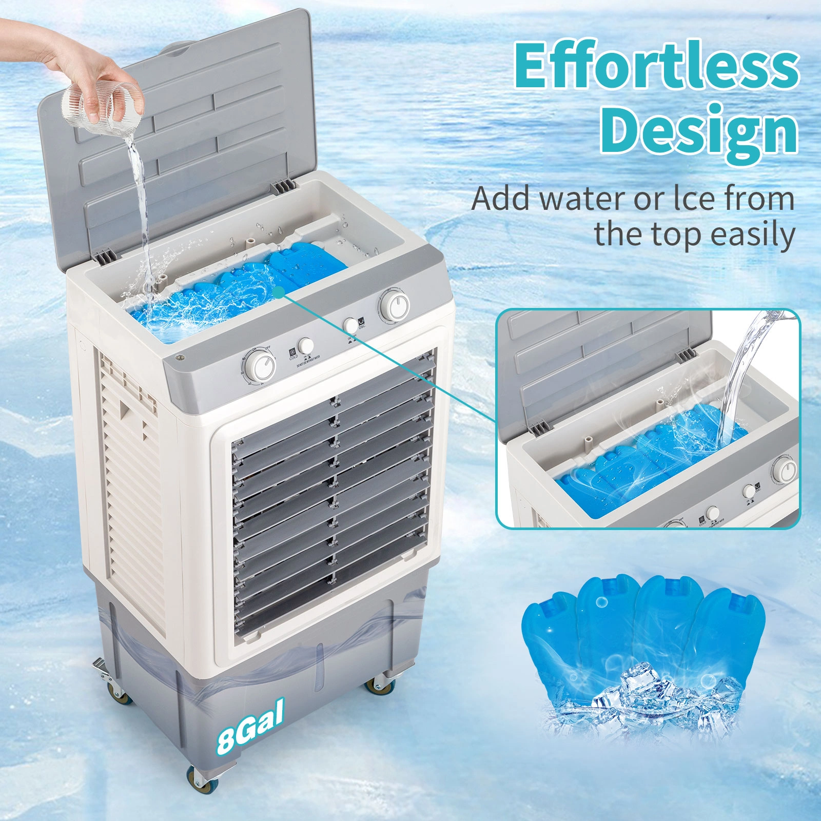 3 in 1 Portable Evaporative Cooler,Indoor,Outdoor,2353CFM Personal Air Cooler,7.9 Gal Large Water Tank & Scroll Casters, 4 Ice Packs,White,Manual control view 6