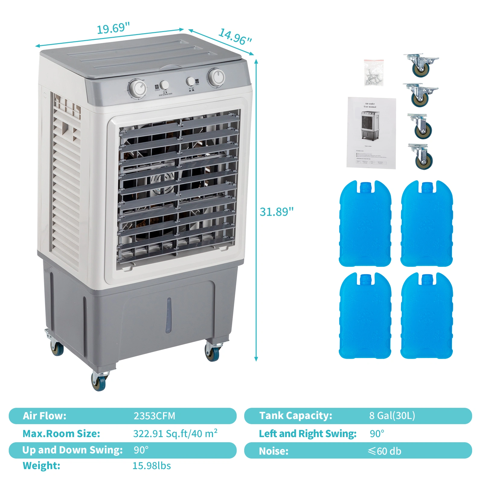 3 in 1 Portable Evaporative Cooler,Indoor,Outdoor,2353CFM Personal Air Cooler,7.9 Gal Large Water Tank & Scroll Casters, 4 Ice Packs,White,Manual control view 7