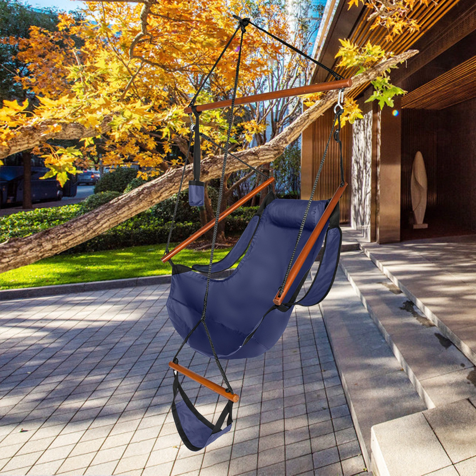 Oxford Cloth Hardwood With Cup Holder Wooden Stick Perforated 100kg Seaside Courtyard Oxford Cloth Hanging Chair Blue view 12