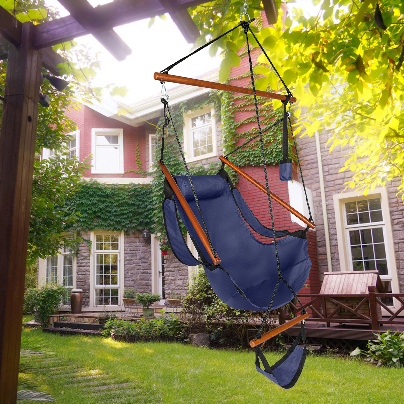 Oxford Cloth Hardwood With Cup Holder Wooden Stick Perforated 100kg Seaside Courtyard Oxford Cloth Hanging Chair Blue view 13