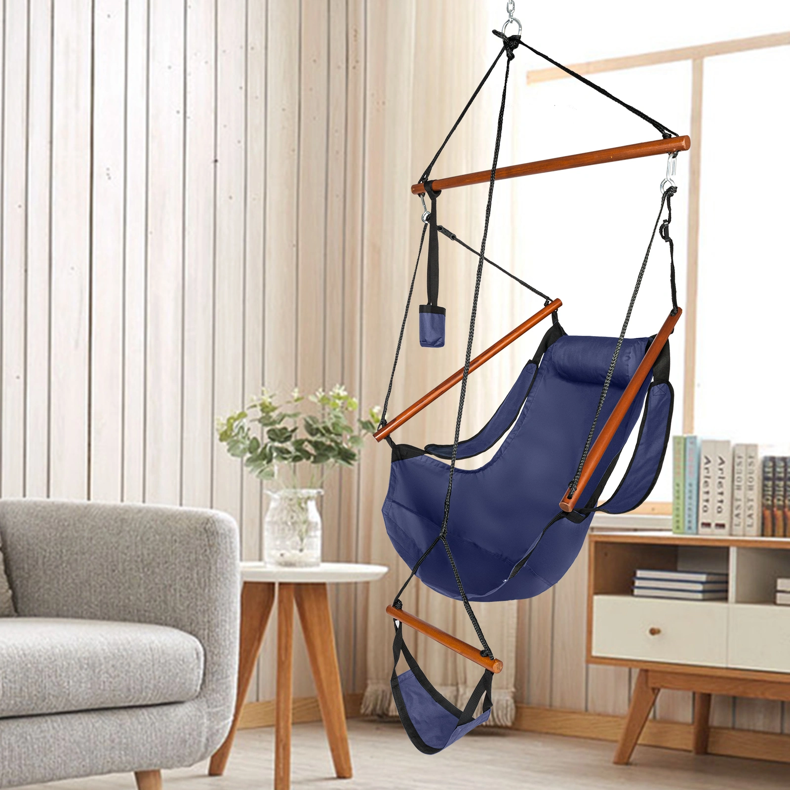 Oxford Cloth Hardwood With Cup Holder Wooden Stick Perforated 100kg Seaside Courtyard Oxford Cloth Hanging Chair Blue view 2