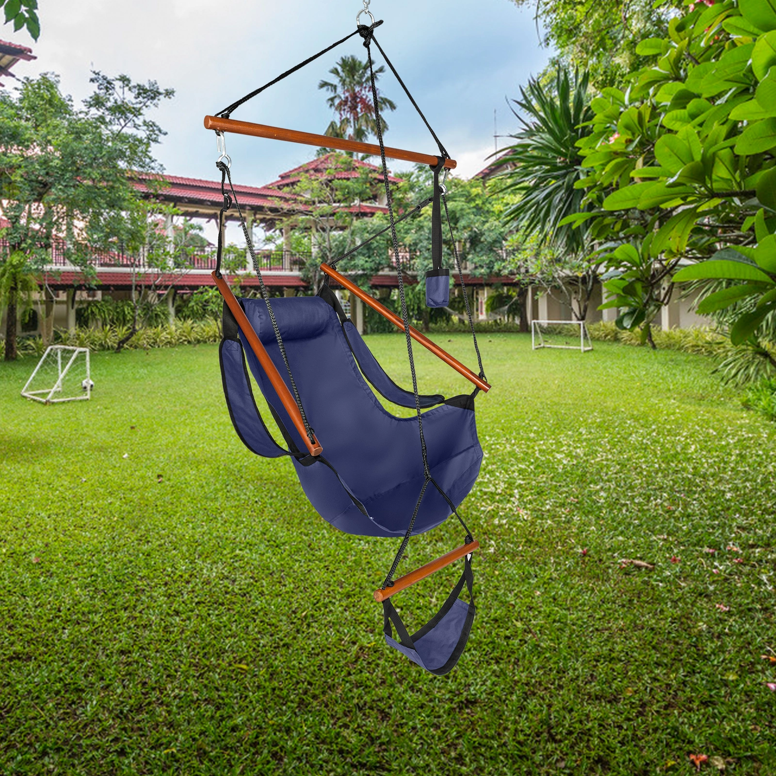 Oxford Cloth Hardwood With Cup Holder Wooden Stick Perforated 100kg Seaside Courtyard Oxford Cloth Hanging Chair Blue view 8